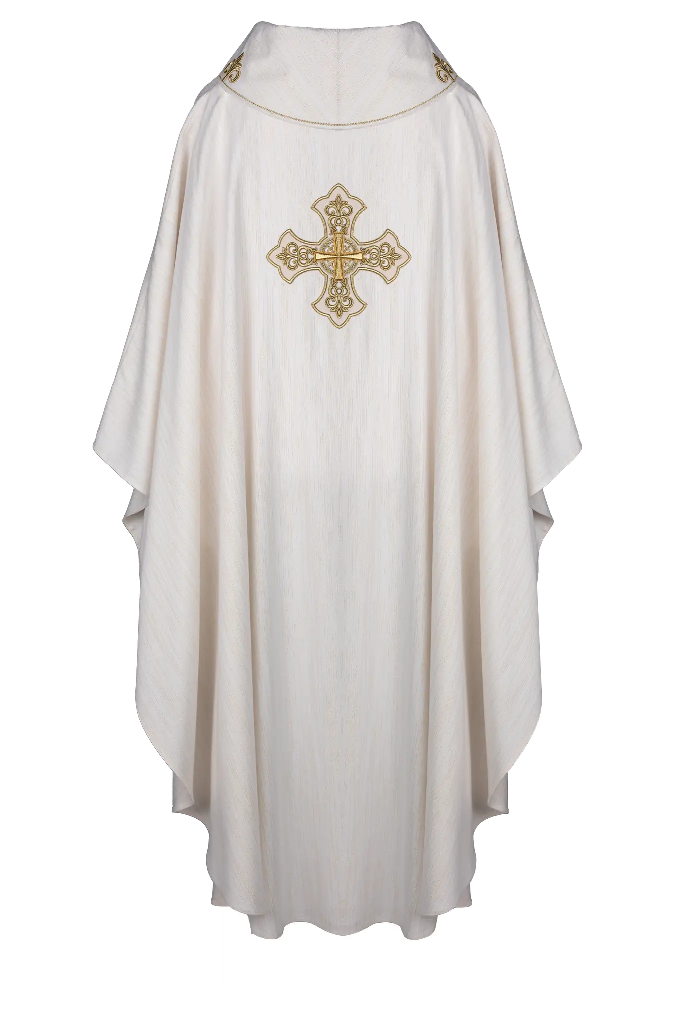 Ecru chasuble with richly embroidered cross and decorated collar