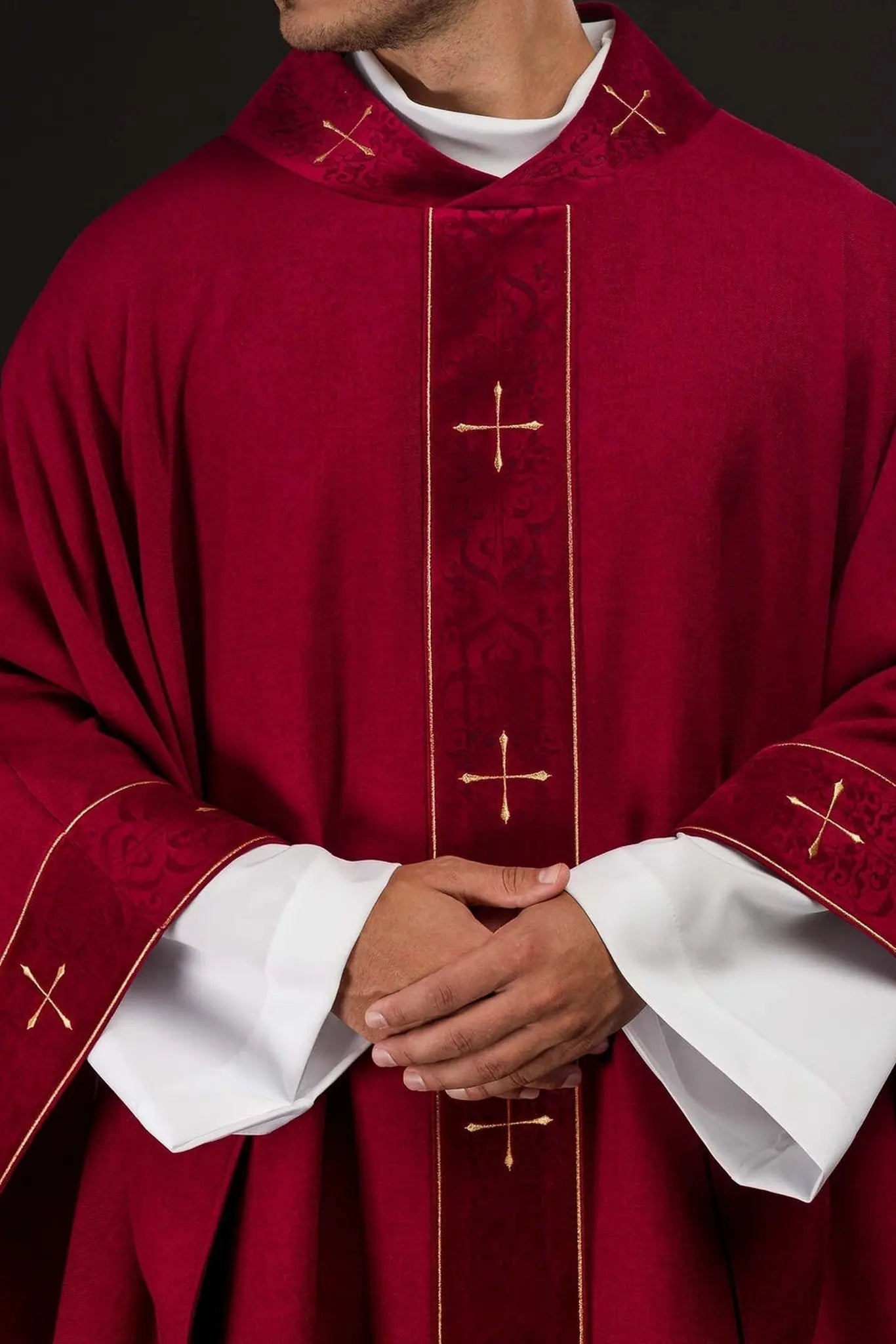 Red Chasuble with Embroidered Band and Cross-Embroidered Collar