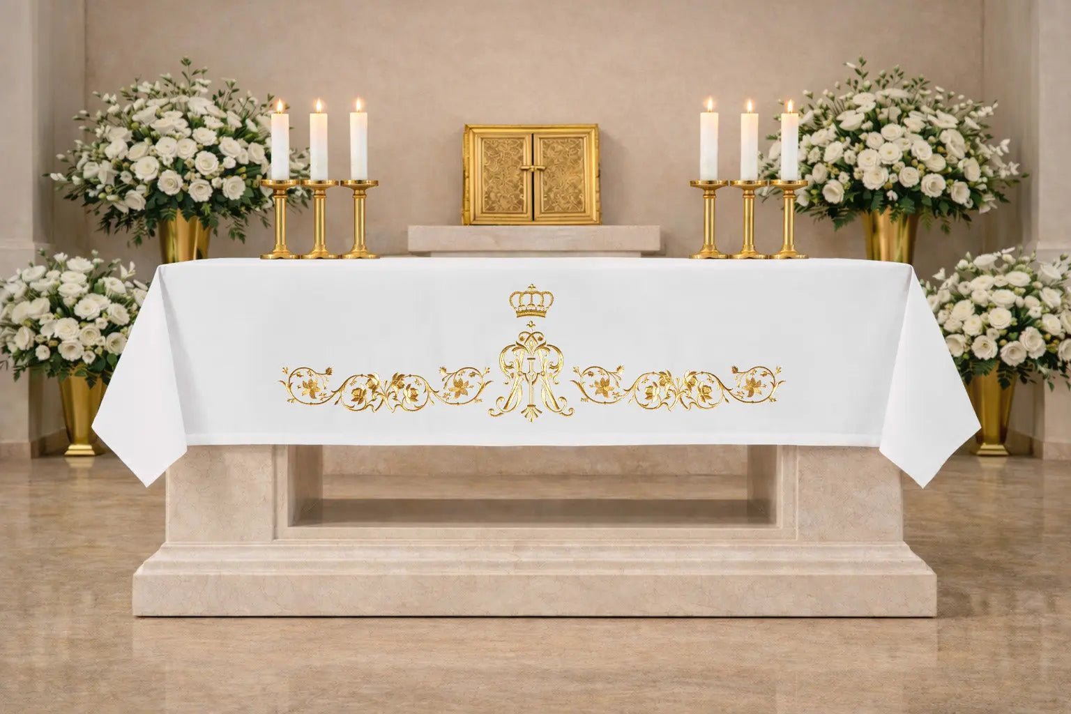 Altar Cloth with Gold Marian Monogram Embroidery