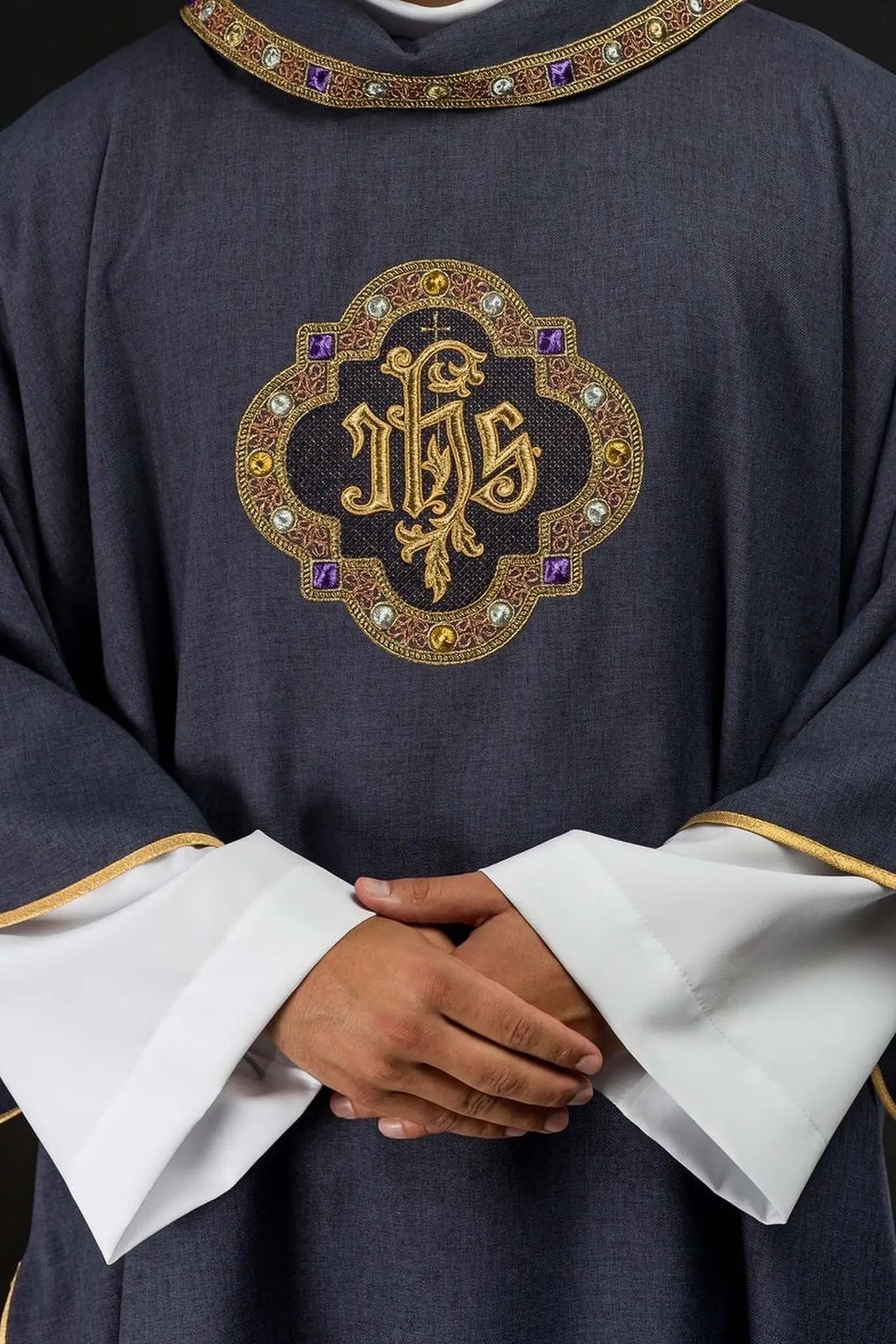 Purple Dalmatic with IHS Symbol and Stand-Up Collar