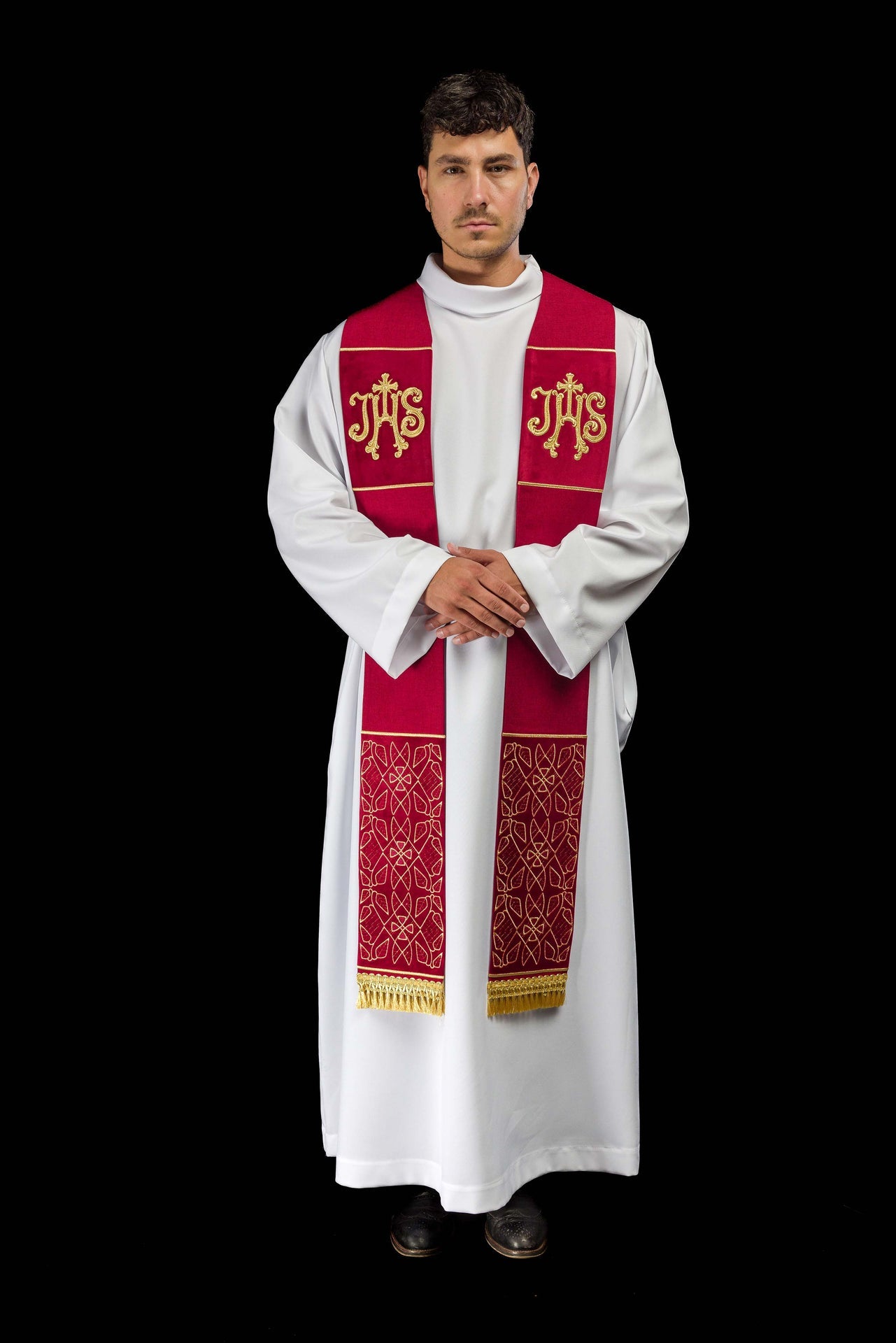 Stuła haftowana aksamitna z motywem IHS czerwona - ORNATY.PL