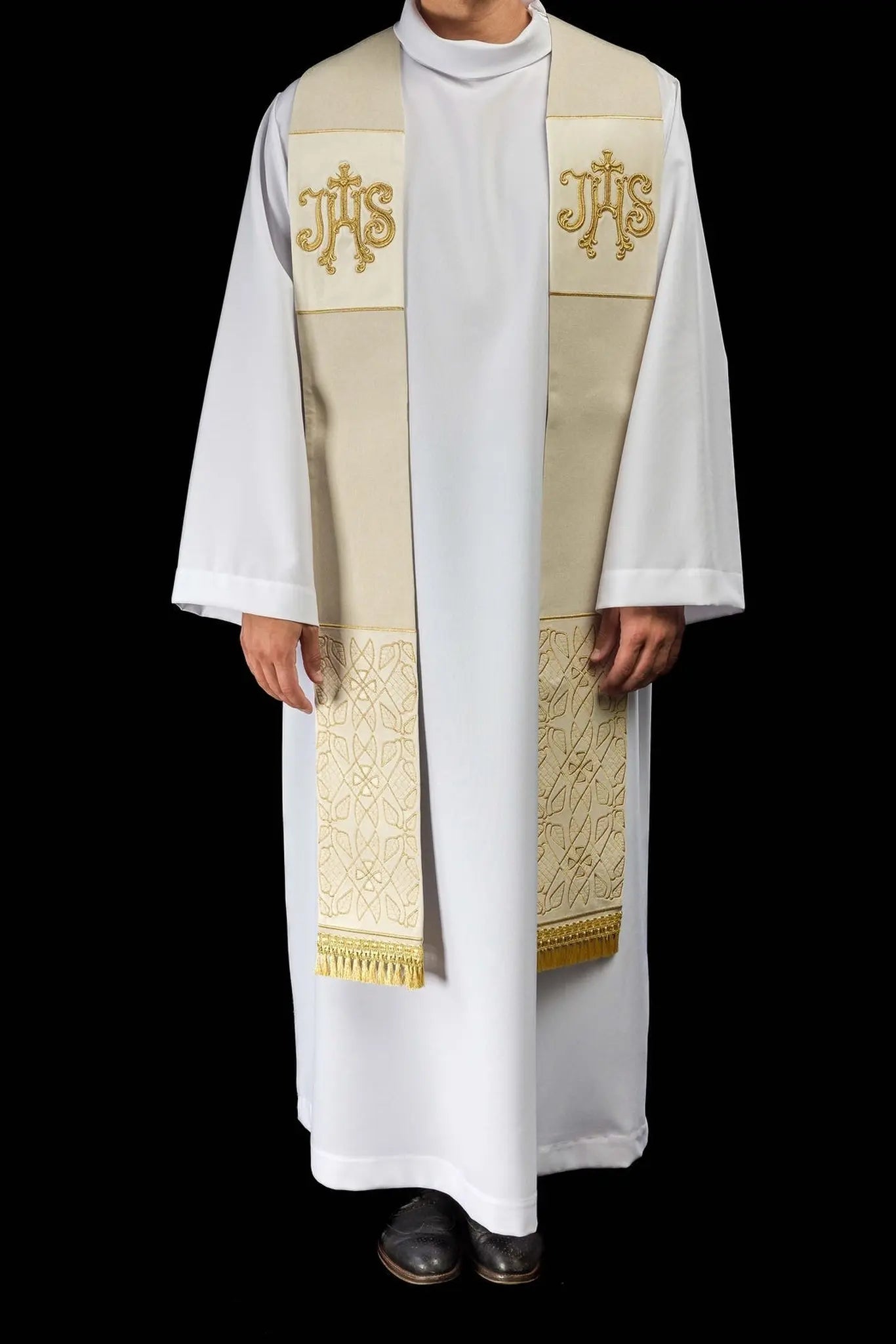 Ecru Velvet Embroidered Stole with IHS Motif