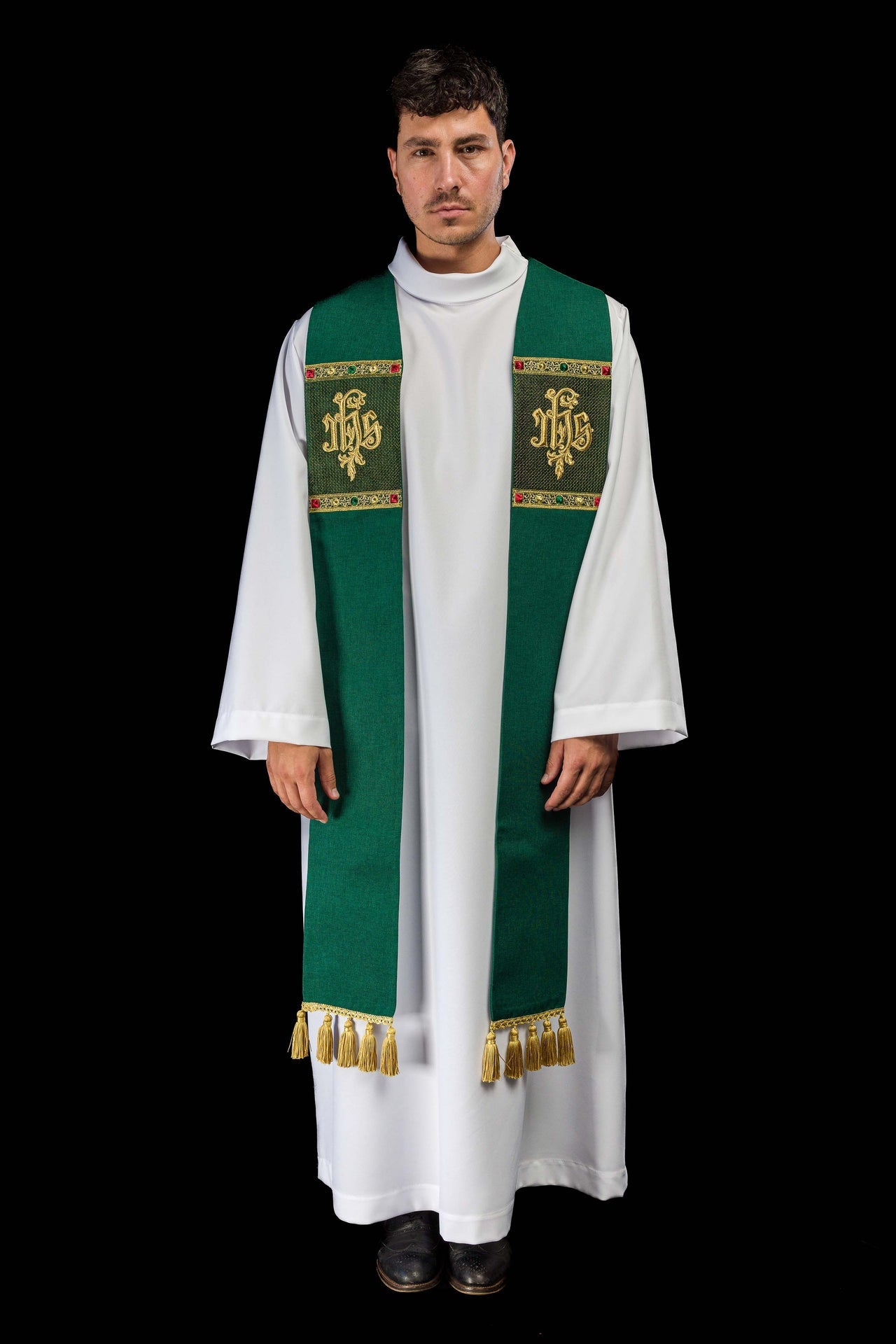 Stuła haftowana z motywem IHS zielona - ORNATY.PL