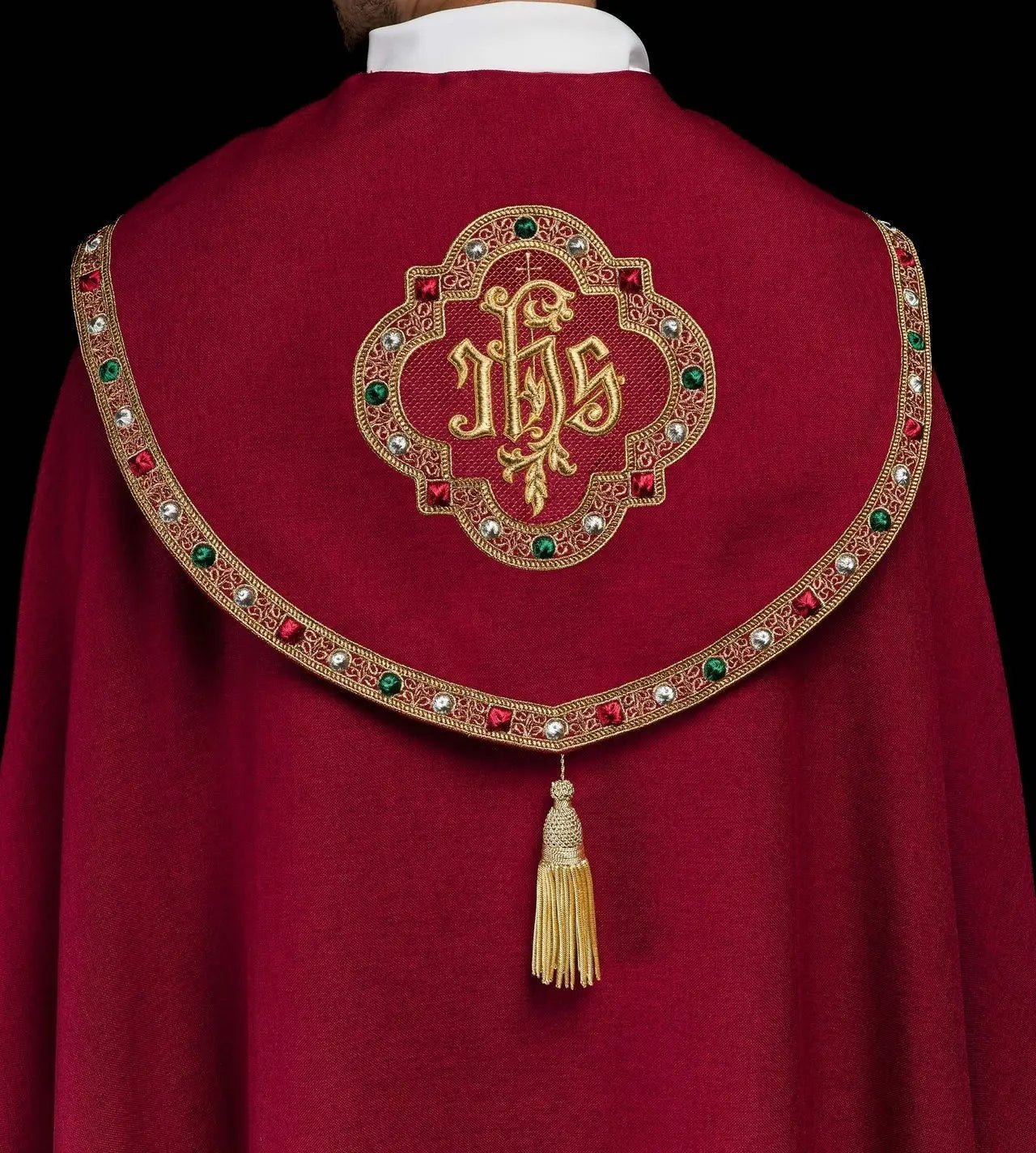 Red liturgical cape with gold IHS