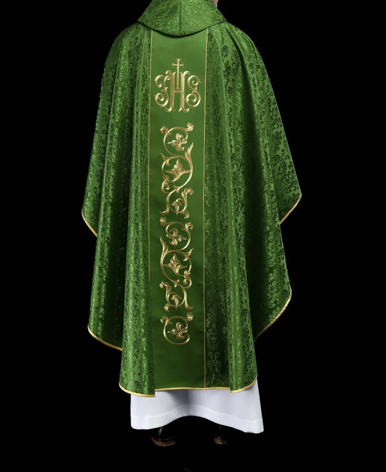 Green liturgical chasuble with richly decorated IHS belt