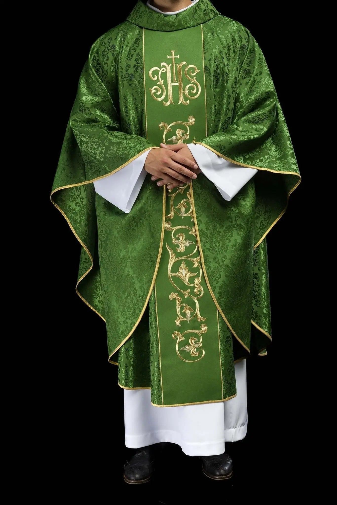 Green liturgical chasuble with richly decorated IHS belt