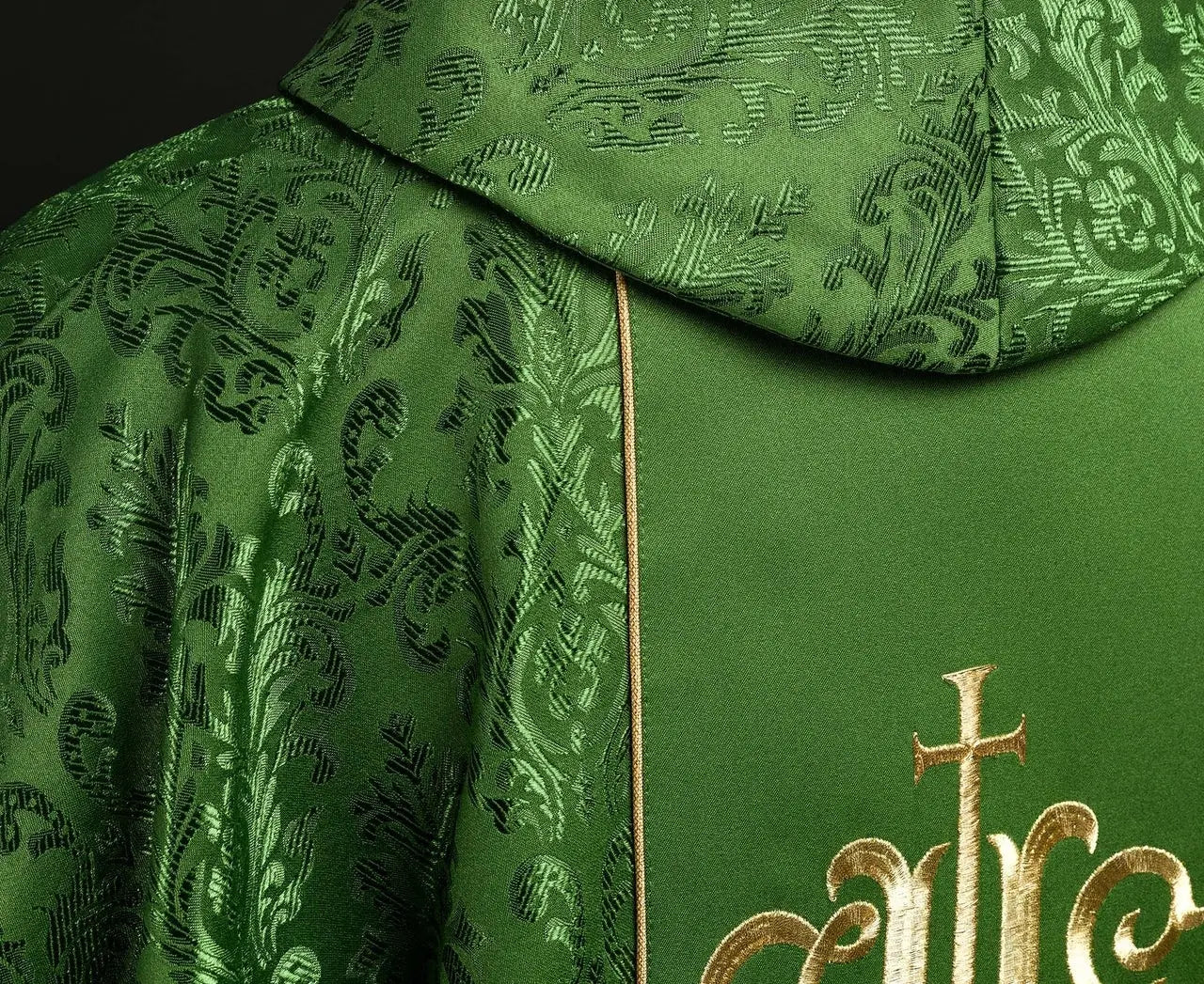Green liturgical chasuble with richly decorated IHS belt