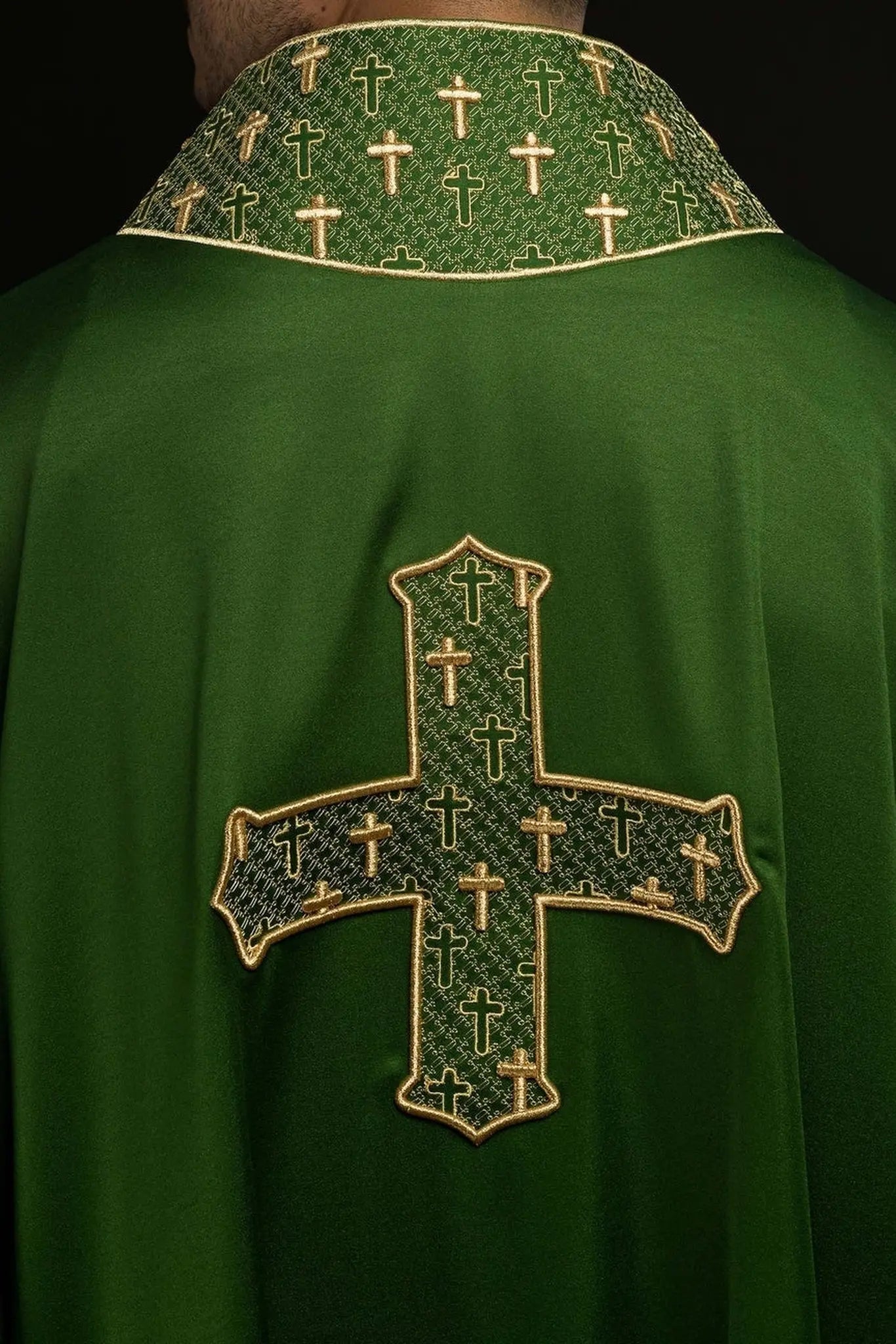 Chasuble with richly embroidered cross and collar in green