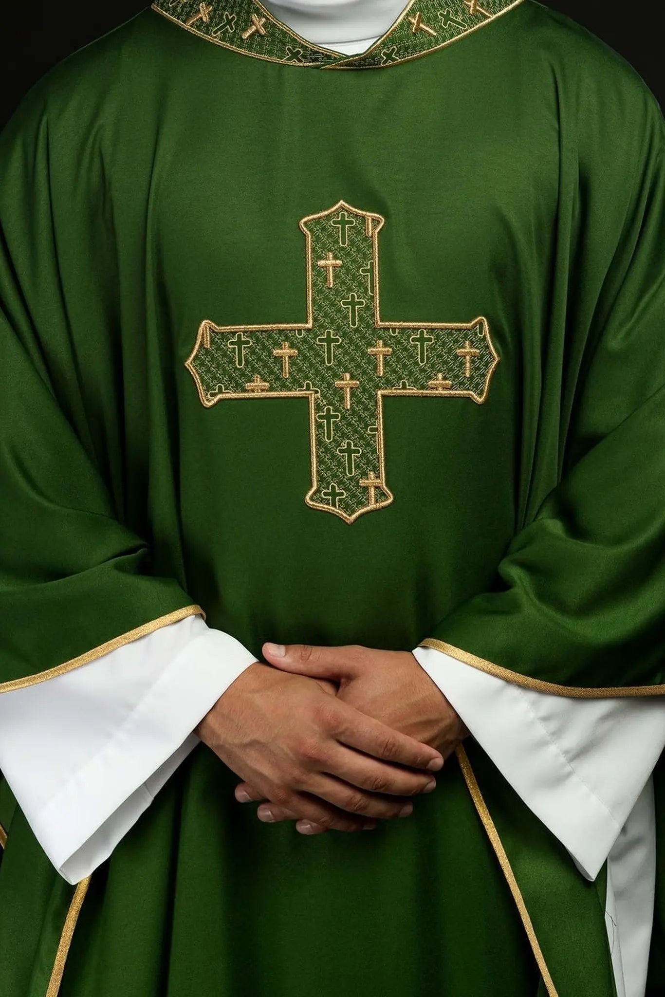 Chasuble with richly embroidered cross and collar in green