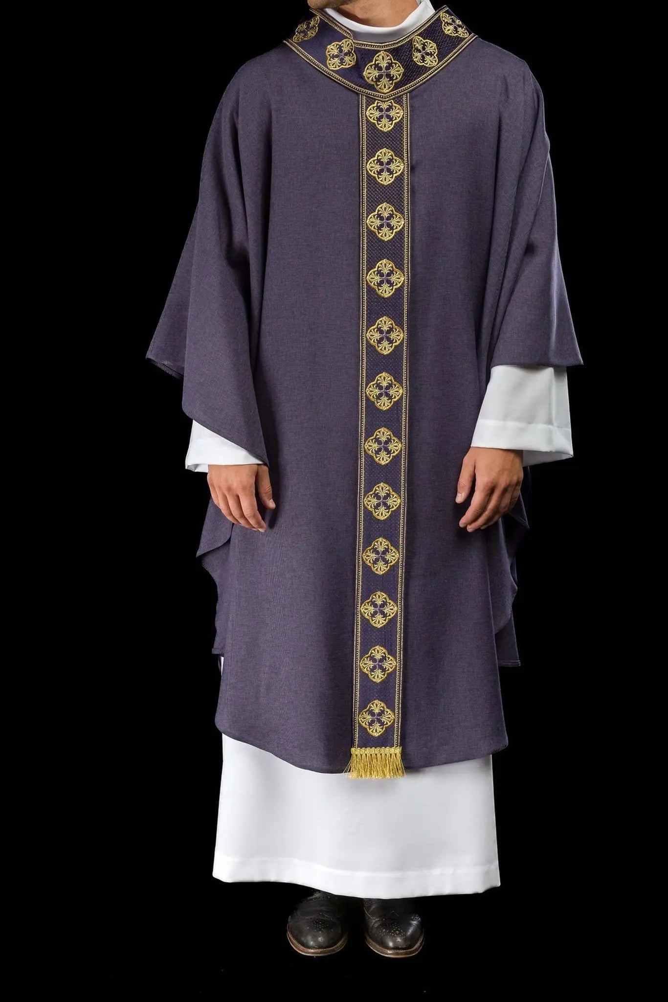 Purple chasuble with embroidered belt and cross collar
