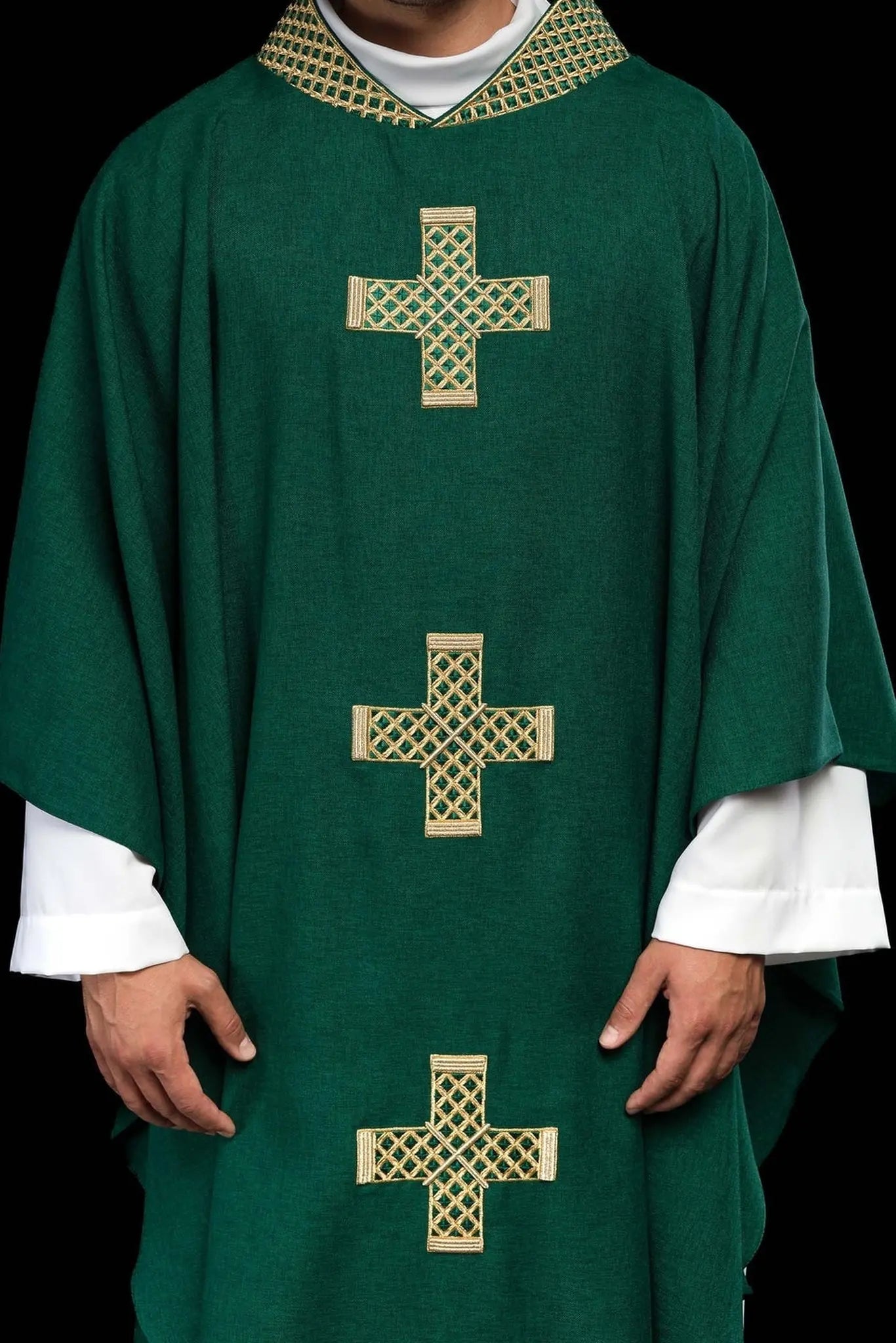Green chasuble with embroidered gold crosses and collar