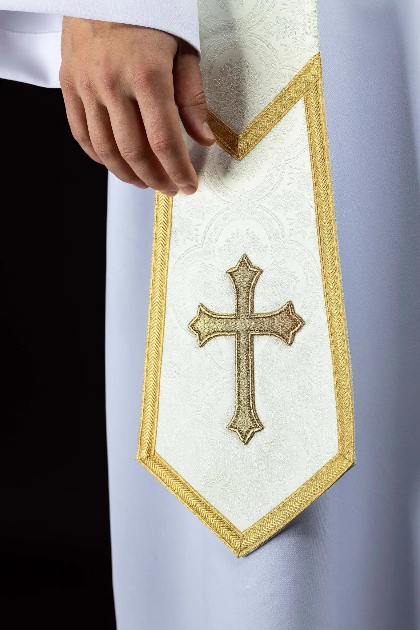 Ecru Jacquard Stole with Embroidered Cross