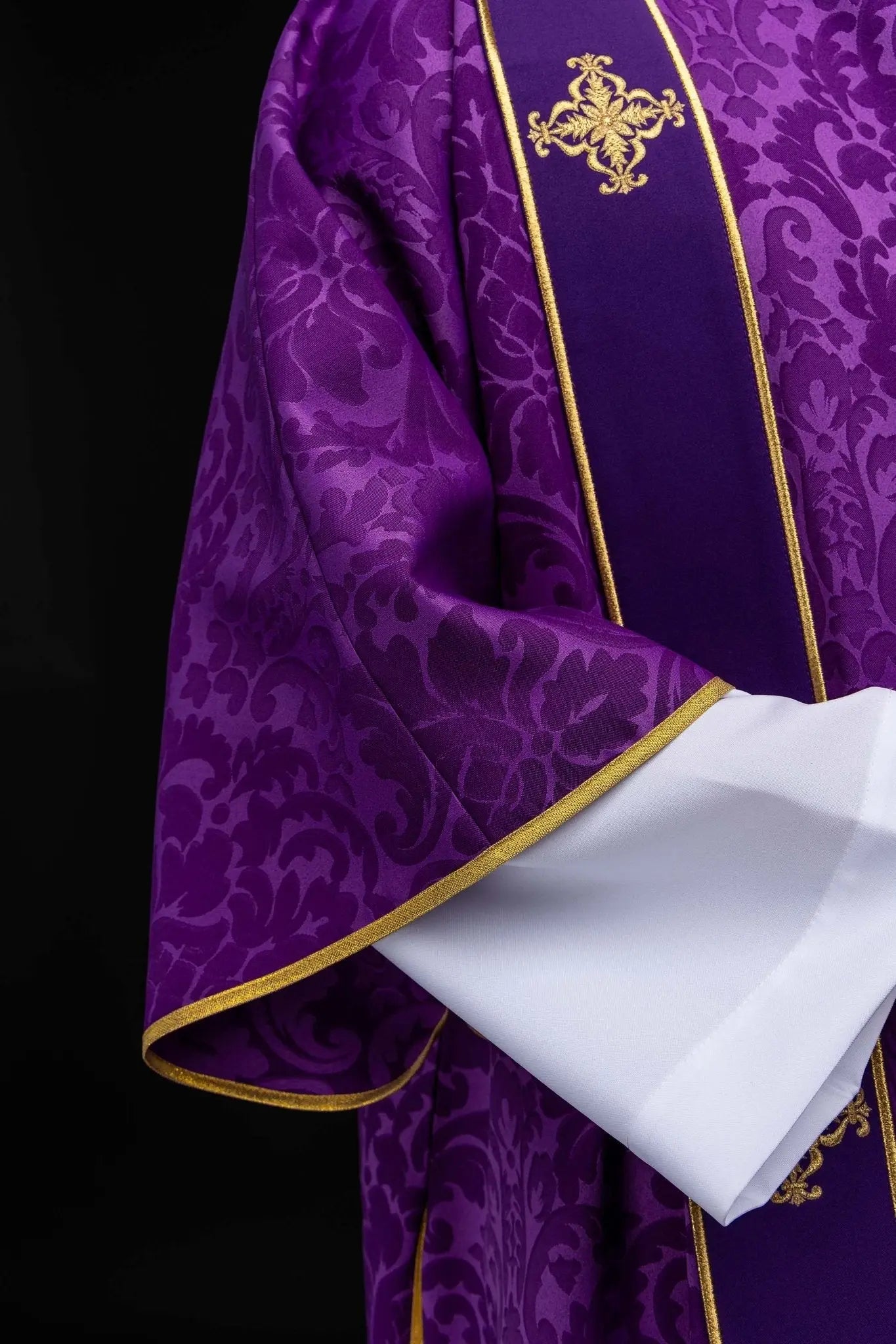 Purple Jacquard Dalmatic with Gold Cross Embroidery