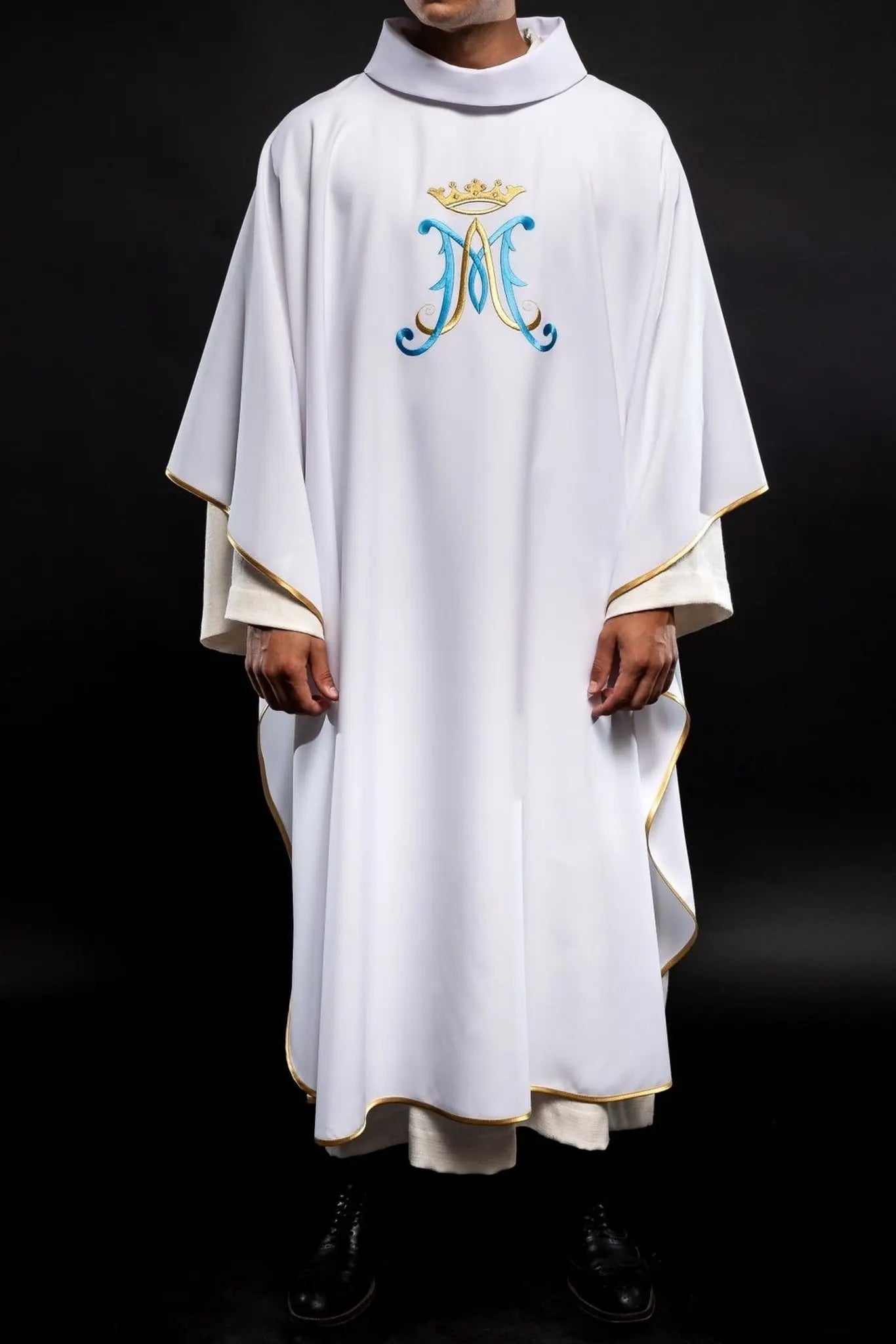 White chasuble embroidered with Marian motif