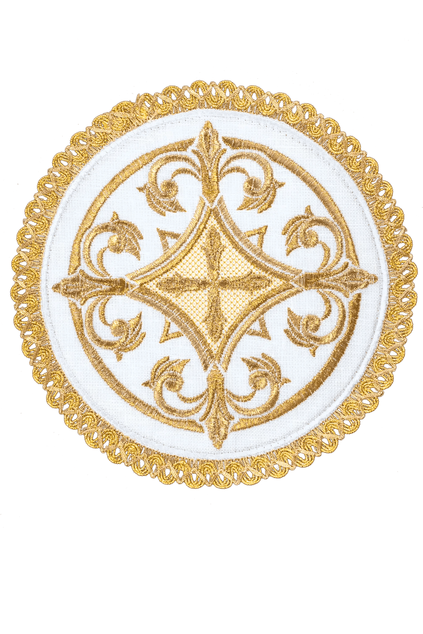 Richly decorated Altar linens set with cross embroidery with rounded palle