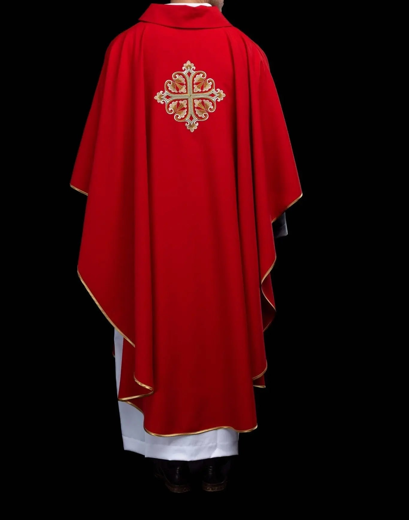 Red Embroidered Chasuble with Ornamental Cross and Wide Collar