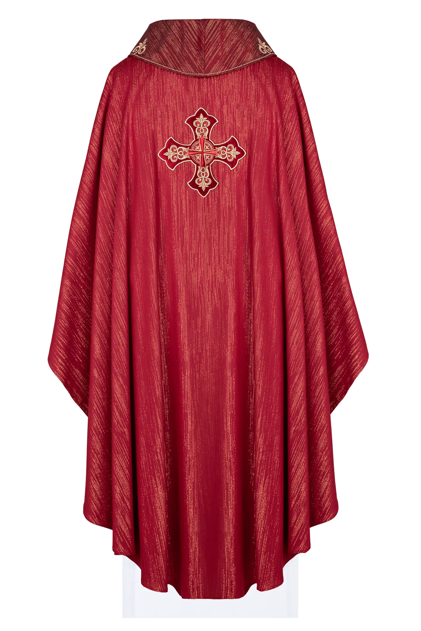Red chasuble with richly embroidered cross and decorated collar