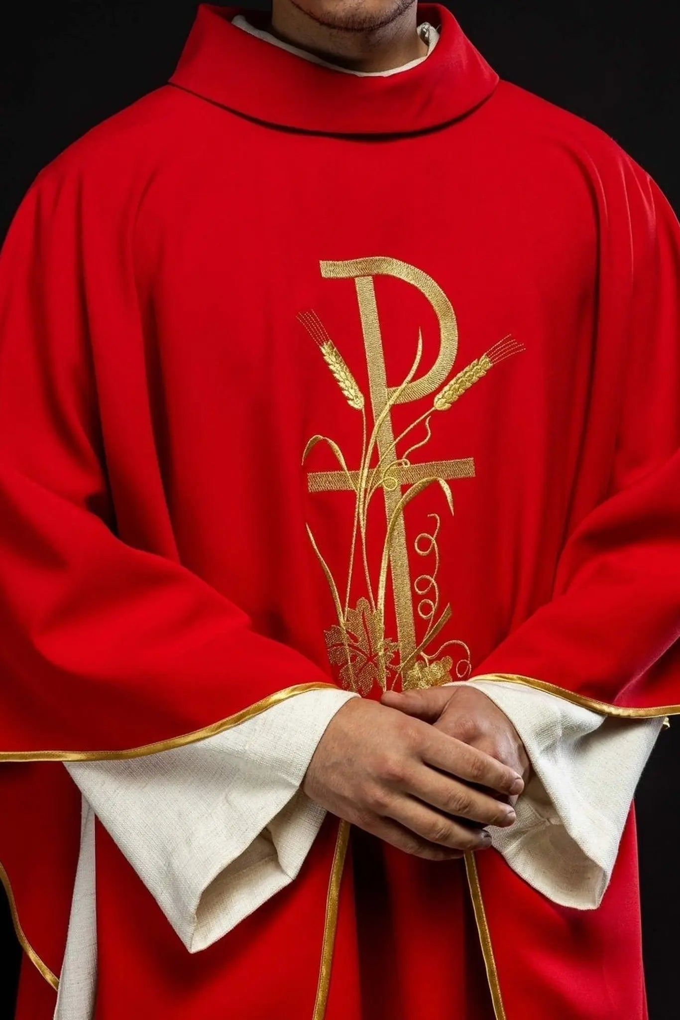 Red chasuble with gold cross embroidery