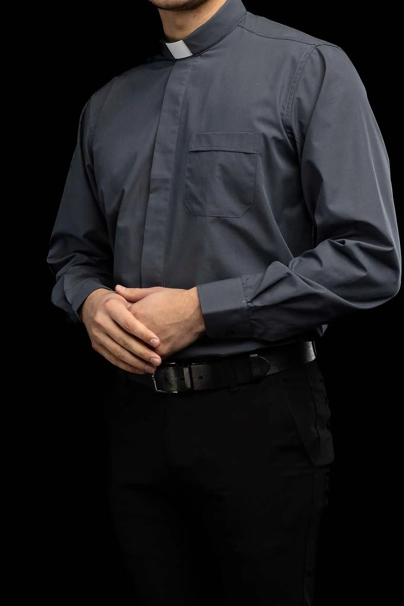 Clergy Shirt Dark Gray Long Sleeve with Collar Tab