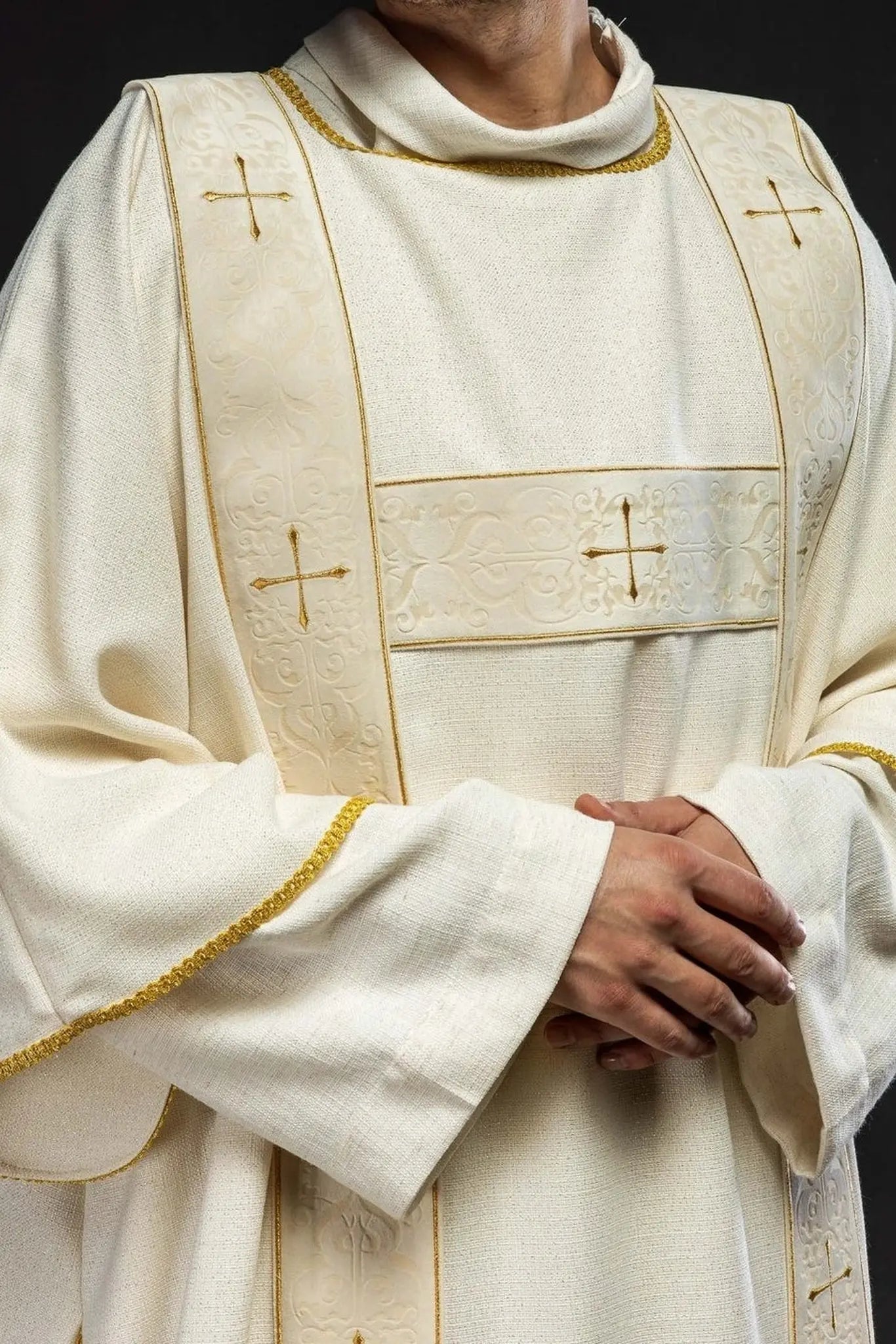 Ecru Dalmatic with Velvet Bands and Gold Embroidered Crosses