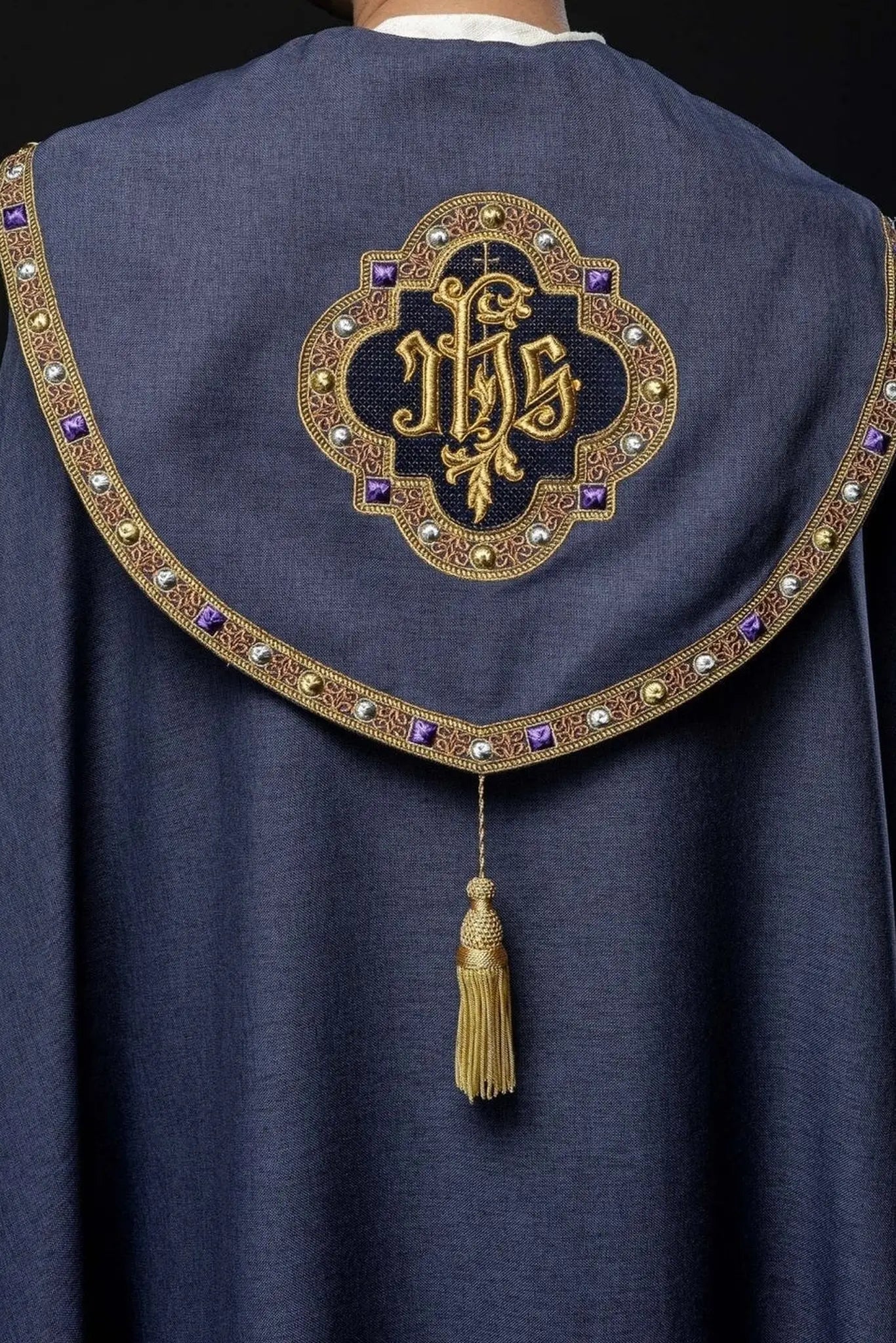 Purple liturgical cape with gold IHS
