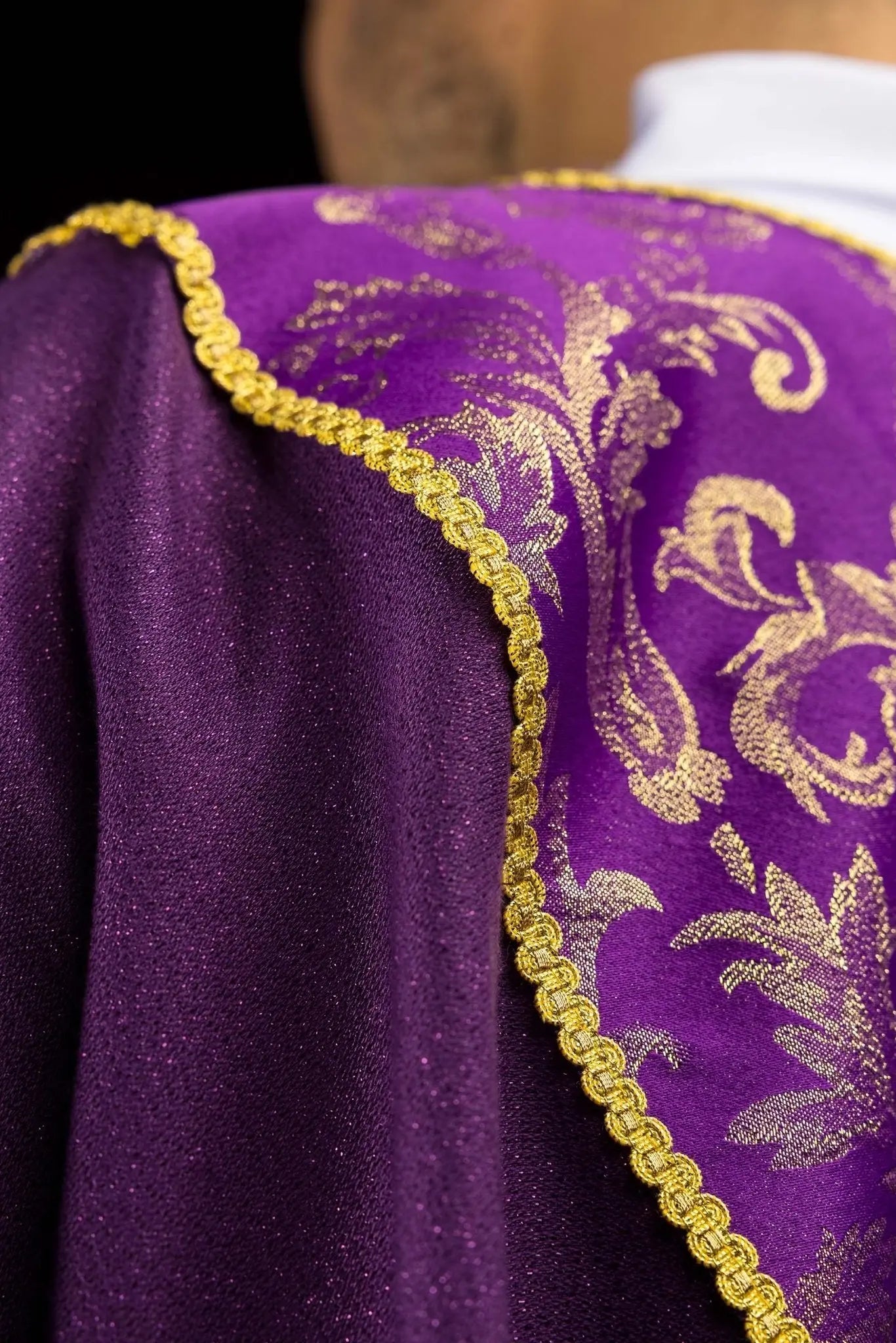 Purple chasuble with gold cross and jacquard fabric