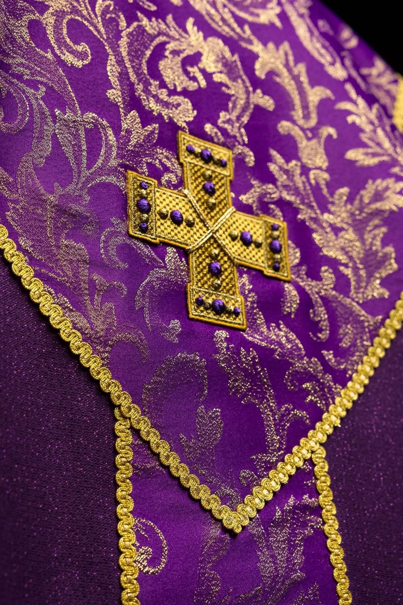 Purple chasuble with gold cross and jacquard fabric