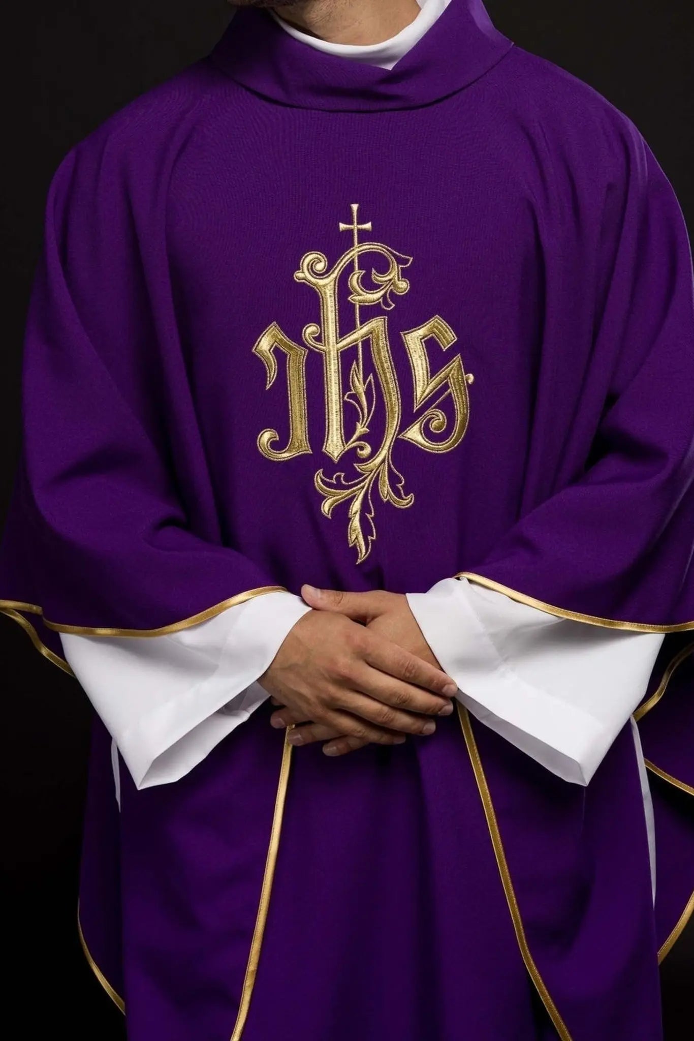 Purple chasuble with gold IHS embroidery