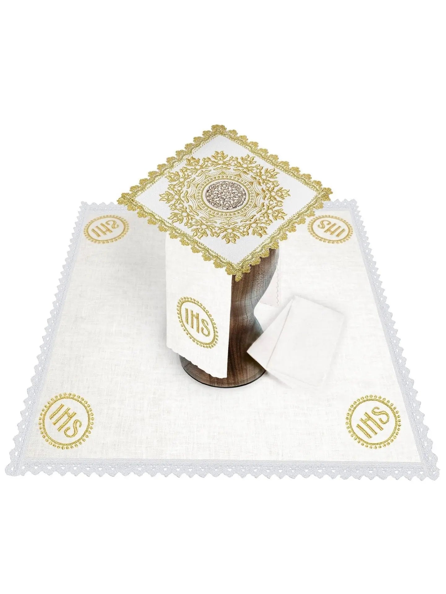 Chalice set richly embroidered with IHS motif