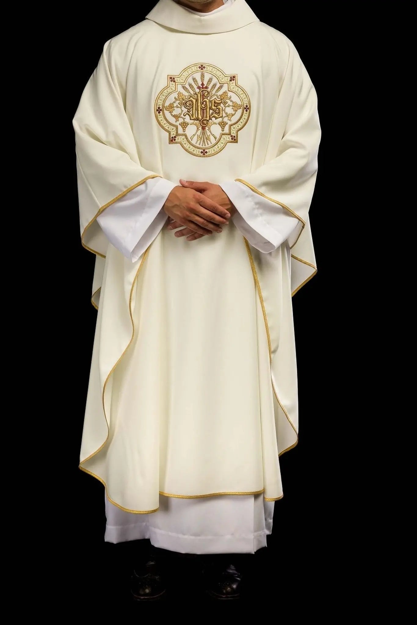 Cream chasuble with IHS and PAX embroidery