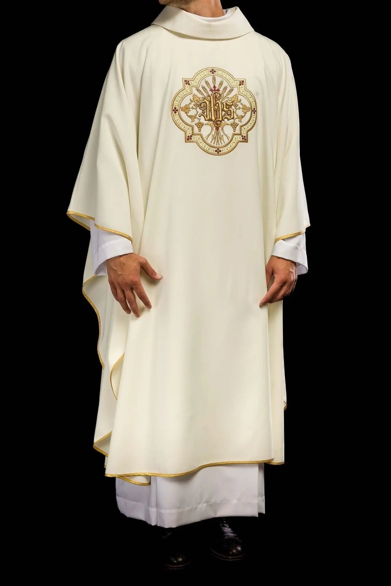 Cream chasuble with IHS and PAX embroidery