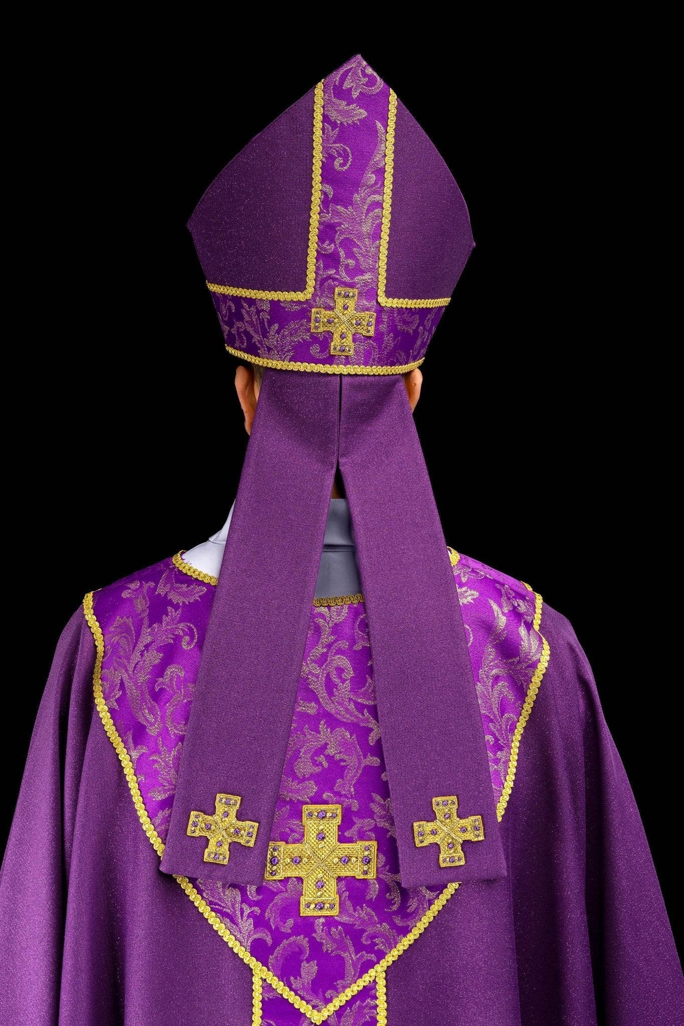 Purple mitre with embroidered cross and jacquard fabric