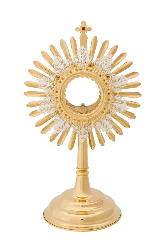 Gold-plated brass monstrance adorned with a ruby
