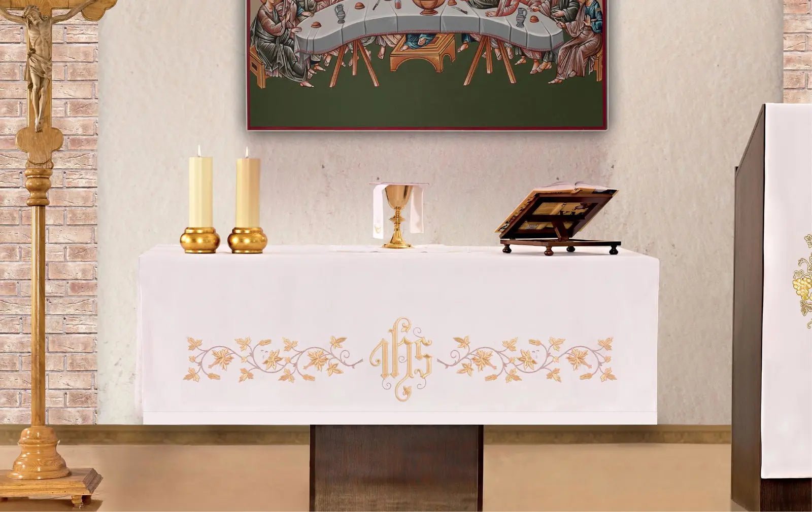 Altar cloth with gold IHS front embroidery