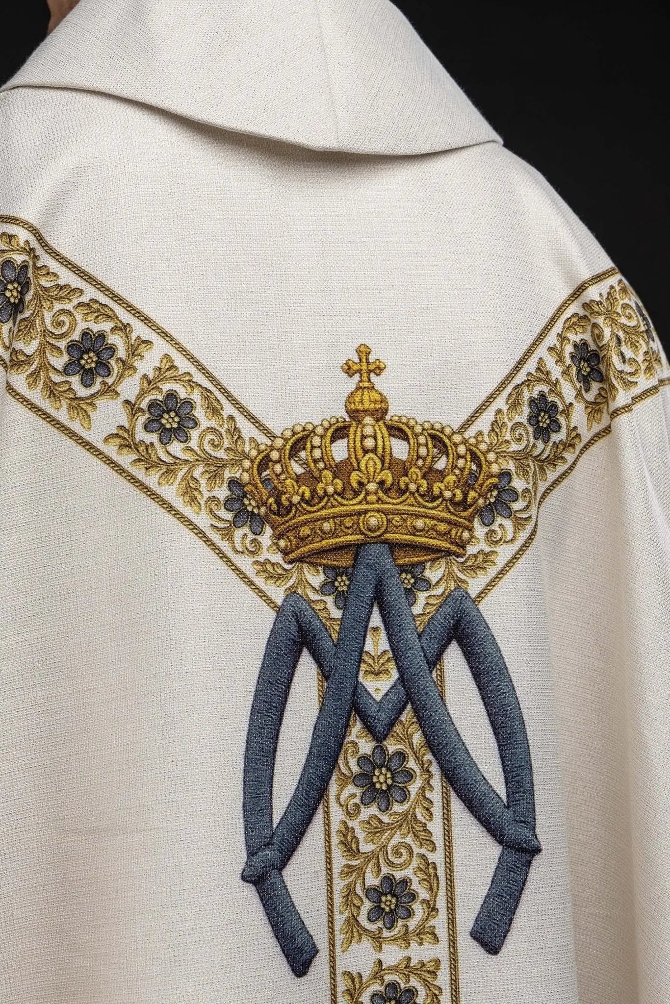 Ecru chasuble with printed image of Our Lady of the Scapular