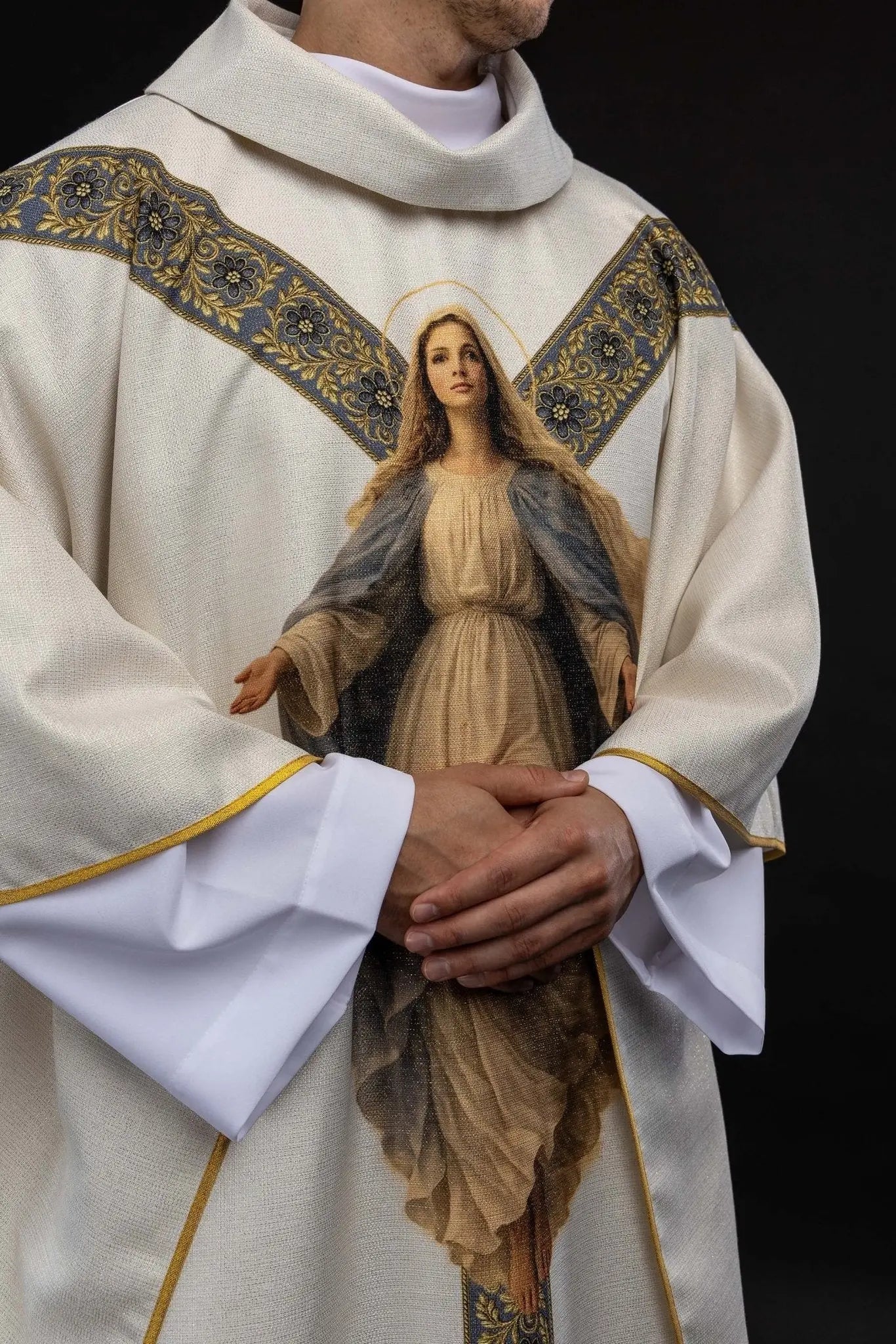 Ecru chasuble with printed image of Our Lady of the Assumption