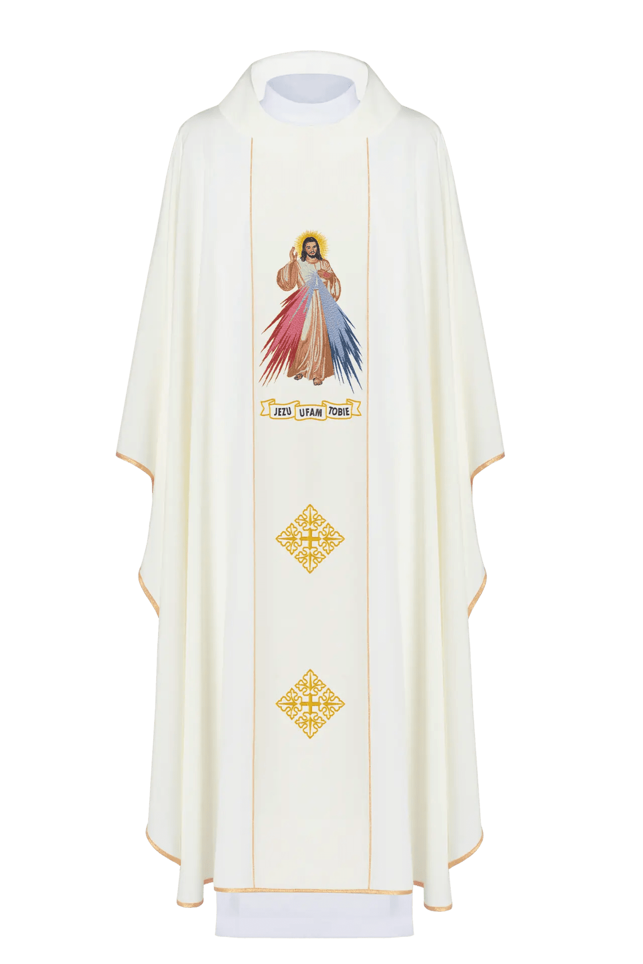 Embroidered chasuble of Merciful Jesus and IHS ecru
