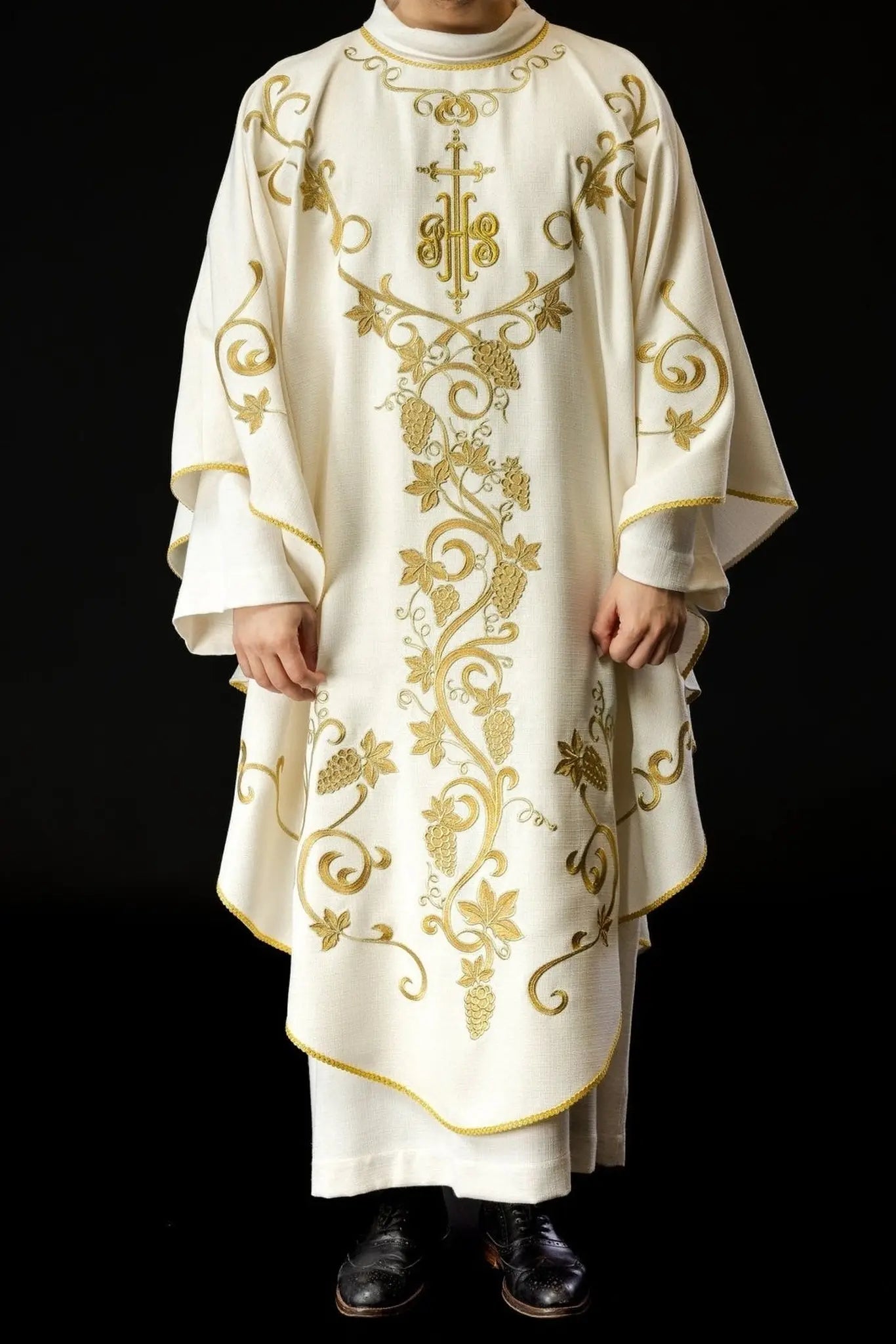 Liturgical Chasuble Embroidered with IHS and Grapevine Motifs in Ecru
