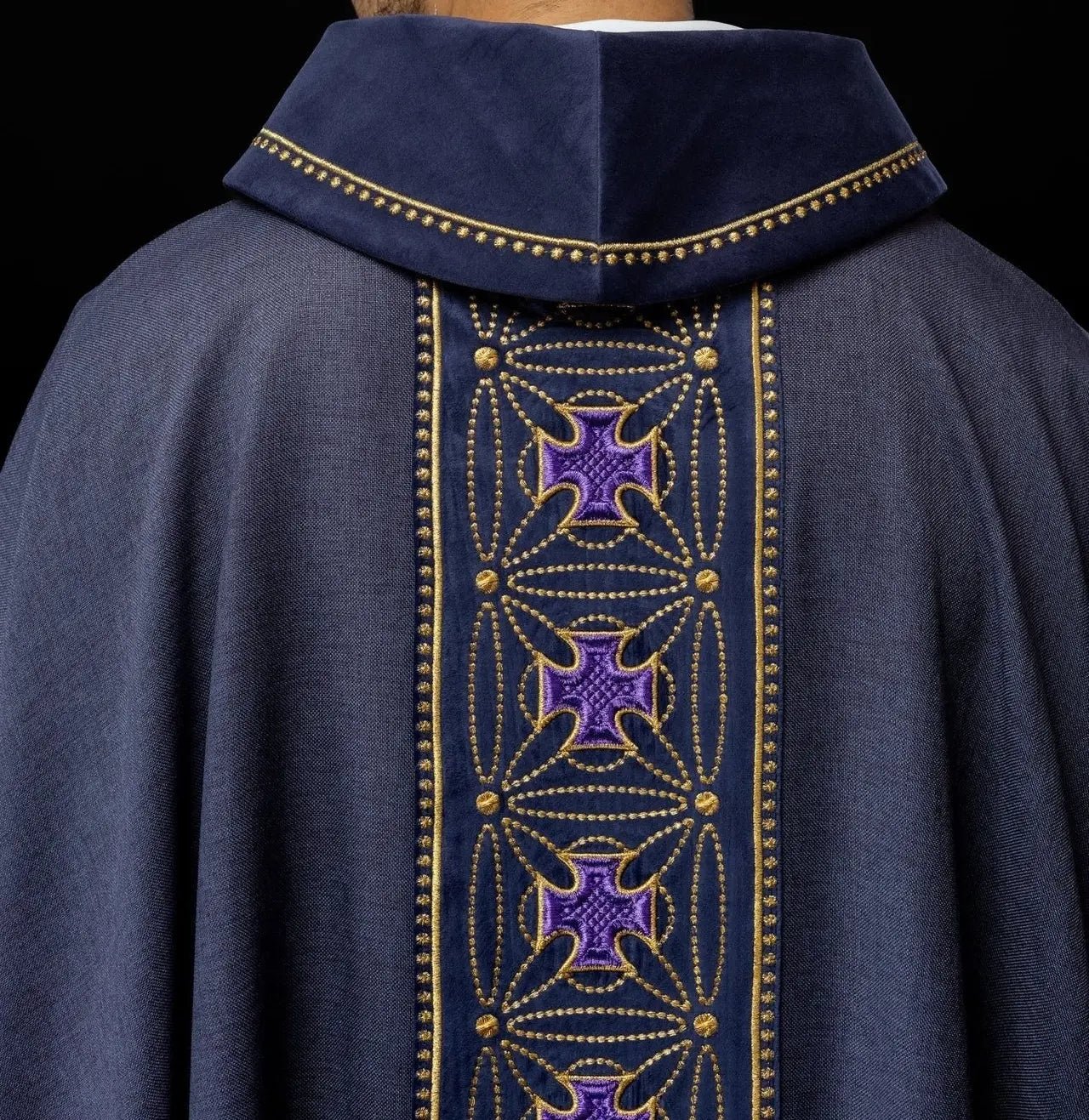 Liturgical chasuble with richly decorated belt with crosses in purple color