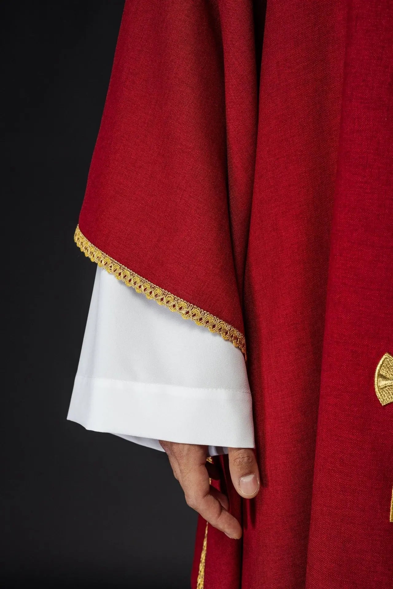 Chasuble with embroidered gold crosses and collar piping in red