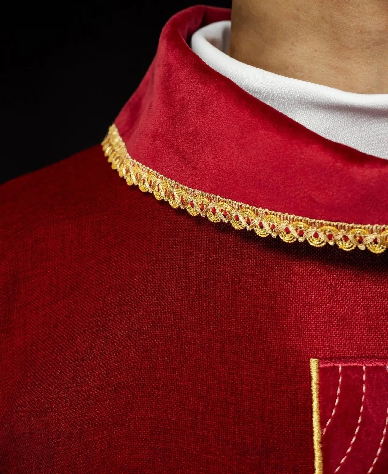 Chasuble with embroidered gold crosses and collar piping in red
