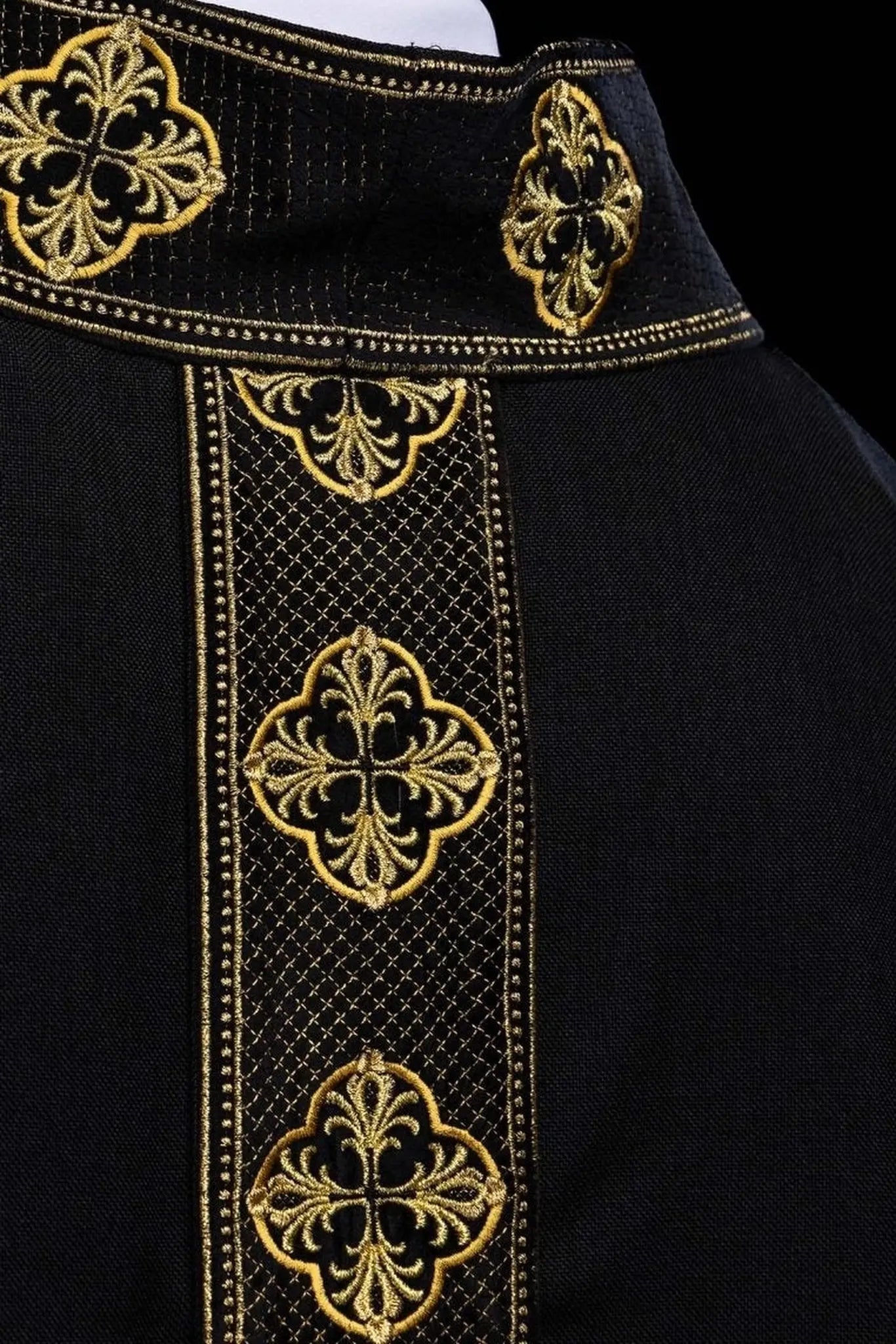 Black chasuble with embroidered band and collar with crosses