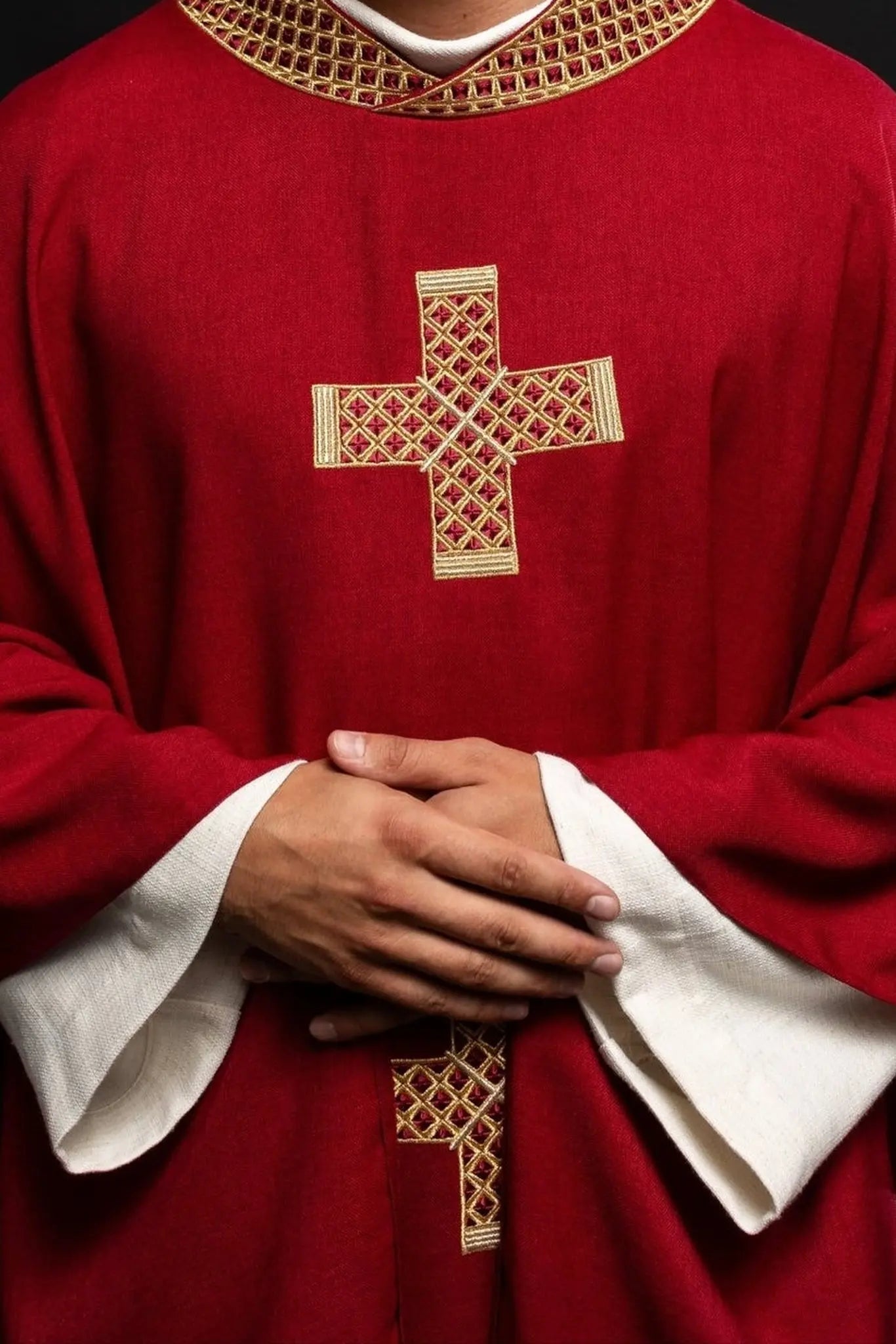 Chasuble in red with embroidered crosses and collar