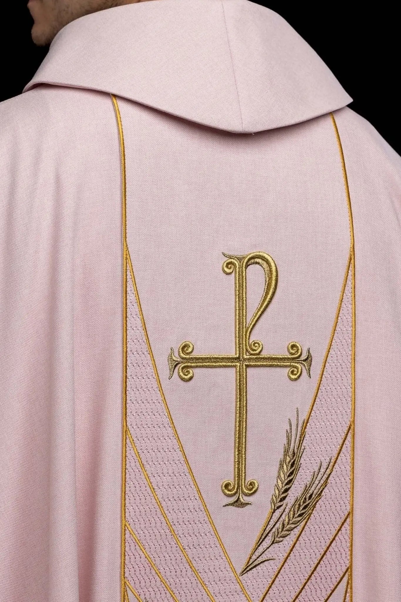 Rose chasuble with embroidered Pax band and wheat sheaves motif