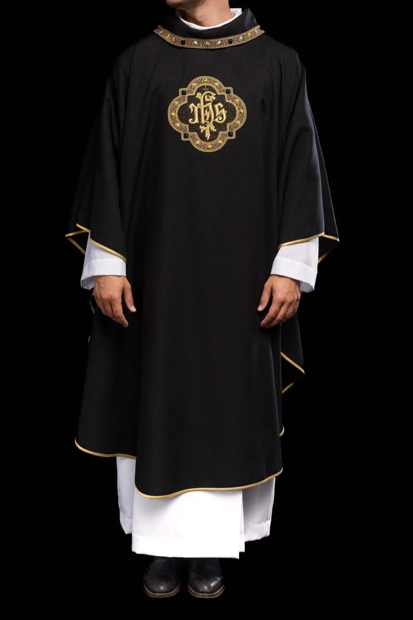 Chasuble with Richly Embroidered Band and Trim Featuring IHS, with Black Collar