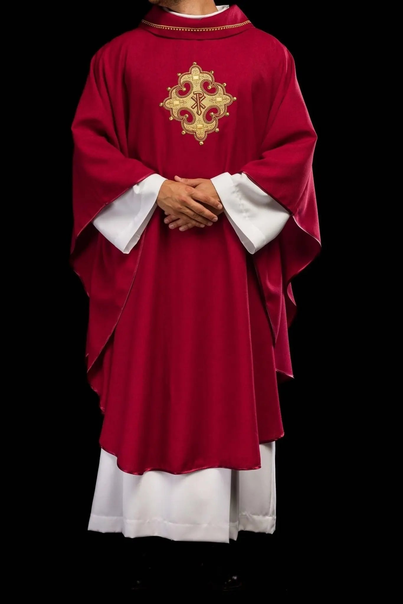 Chasuble with embroidered cross and gold trim on collar in red