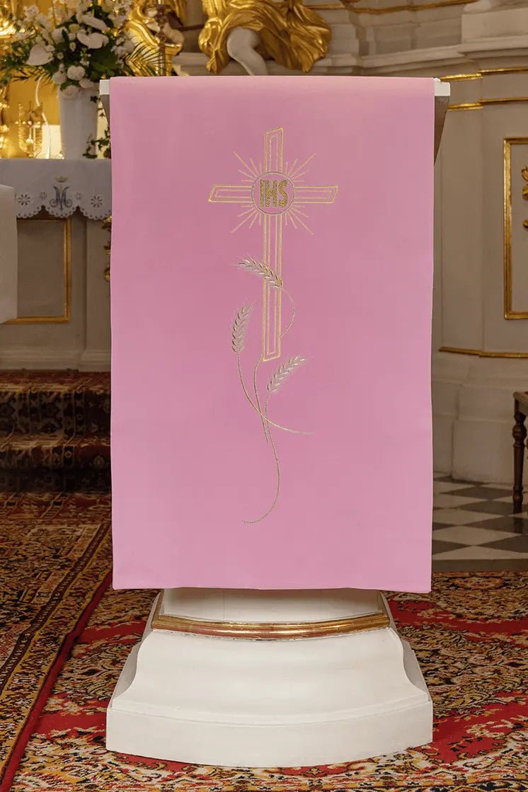 Pink tablecloth for lectionary embroidered motif of the cross and IHS