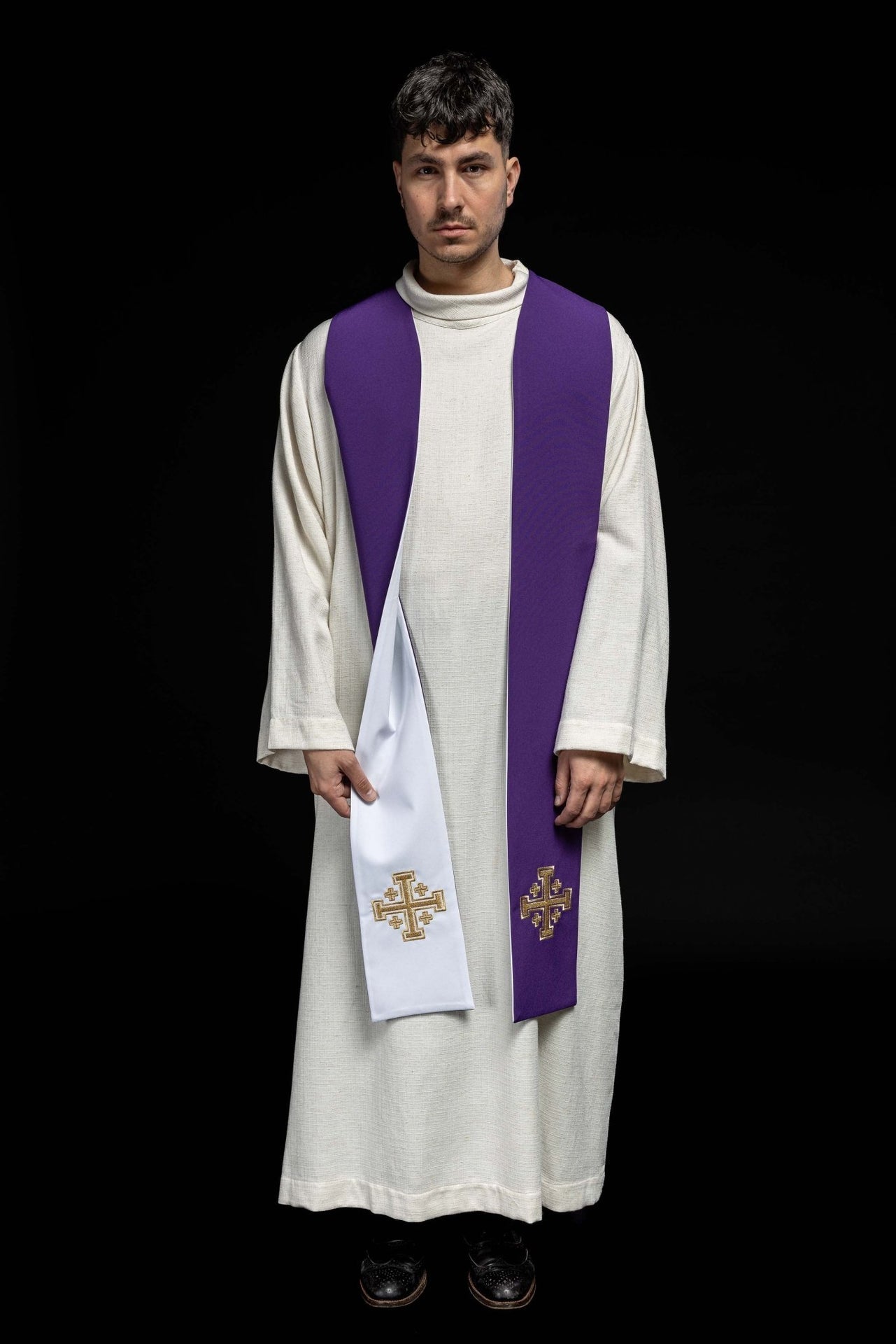 Stuła dwustronna Krzyż Jerozolimski fioletowo - biała