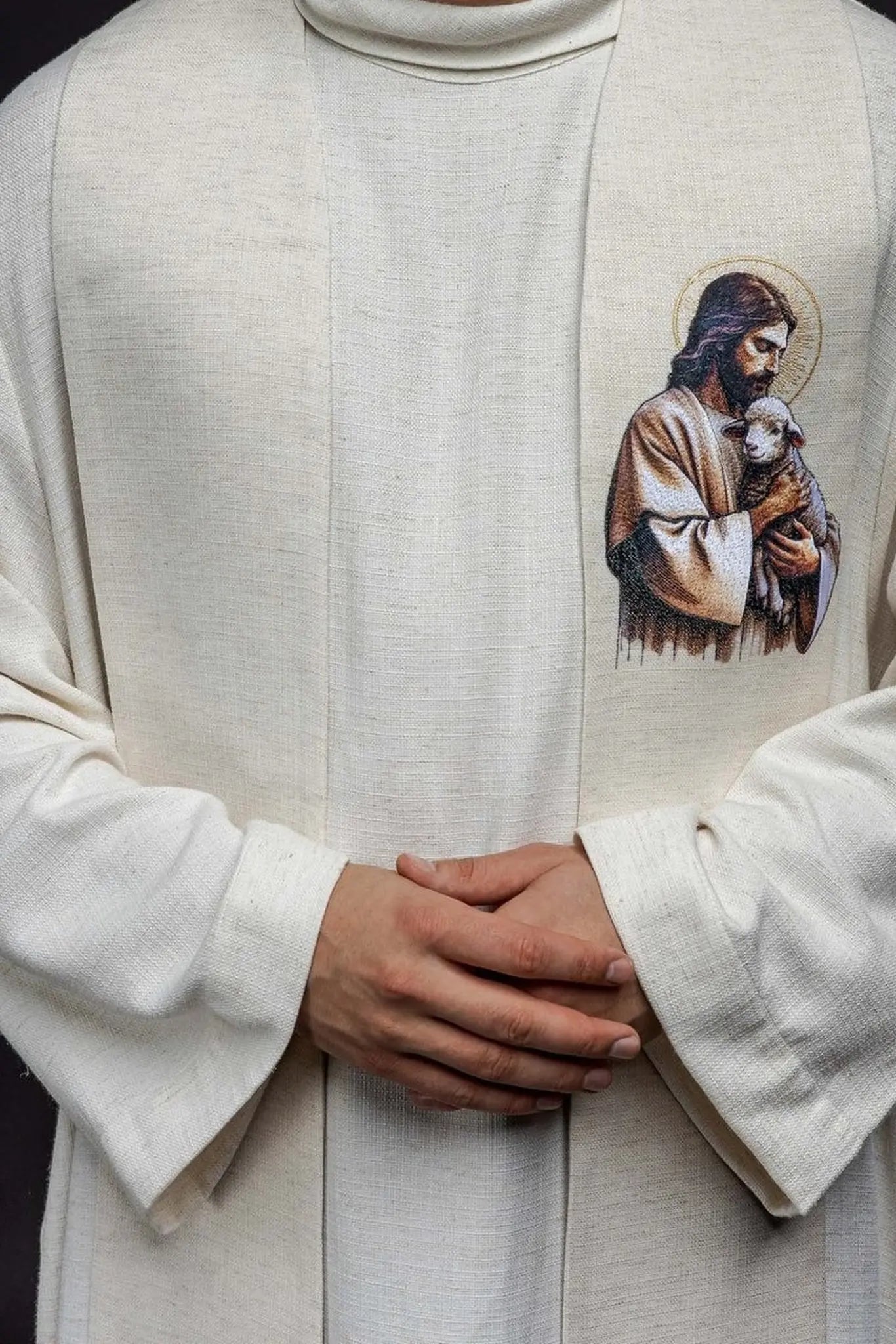 Embroidered Stole Featuring the Image of Jesus the Good Shepherd with a Lamb