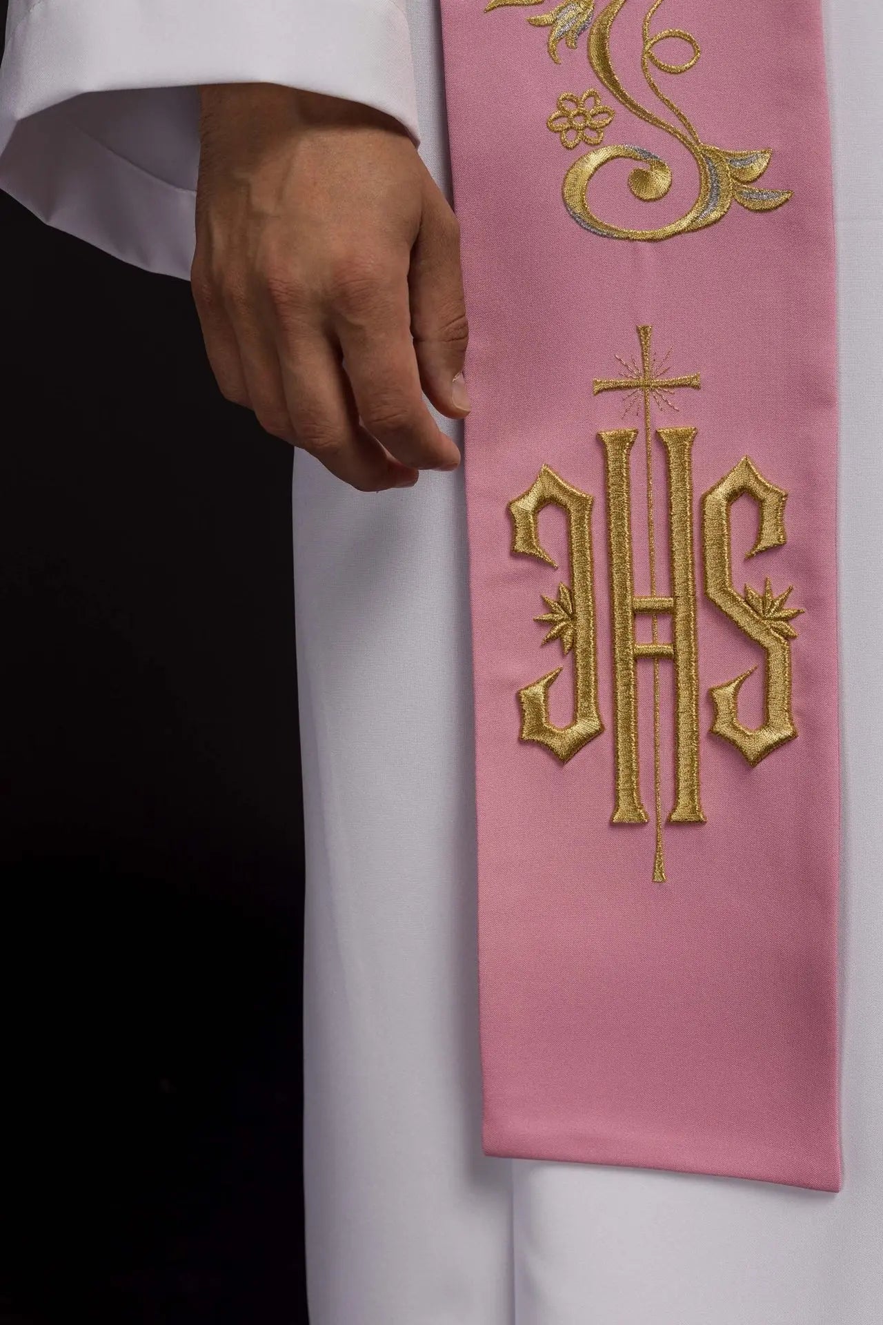 Embroidered priest's stole IHS Pink